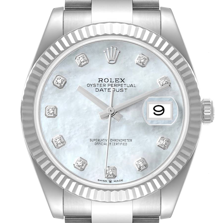 Rolex Datejust 41 Steel White Gold Mother of Pearl Diamond Mens Watch 126334 Box Card SwissWatchExpo