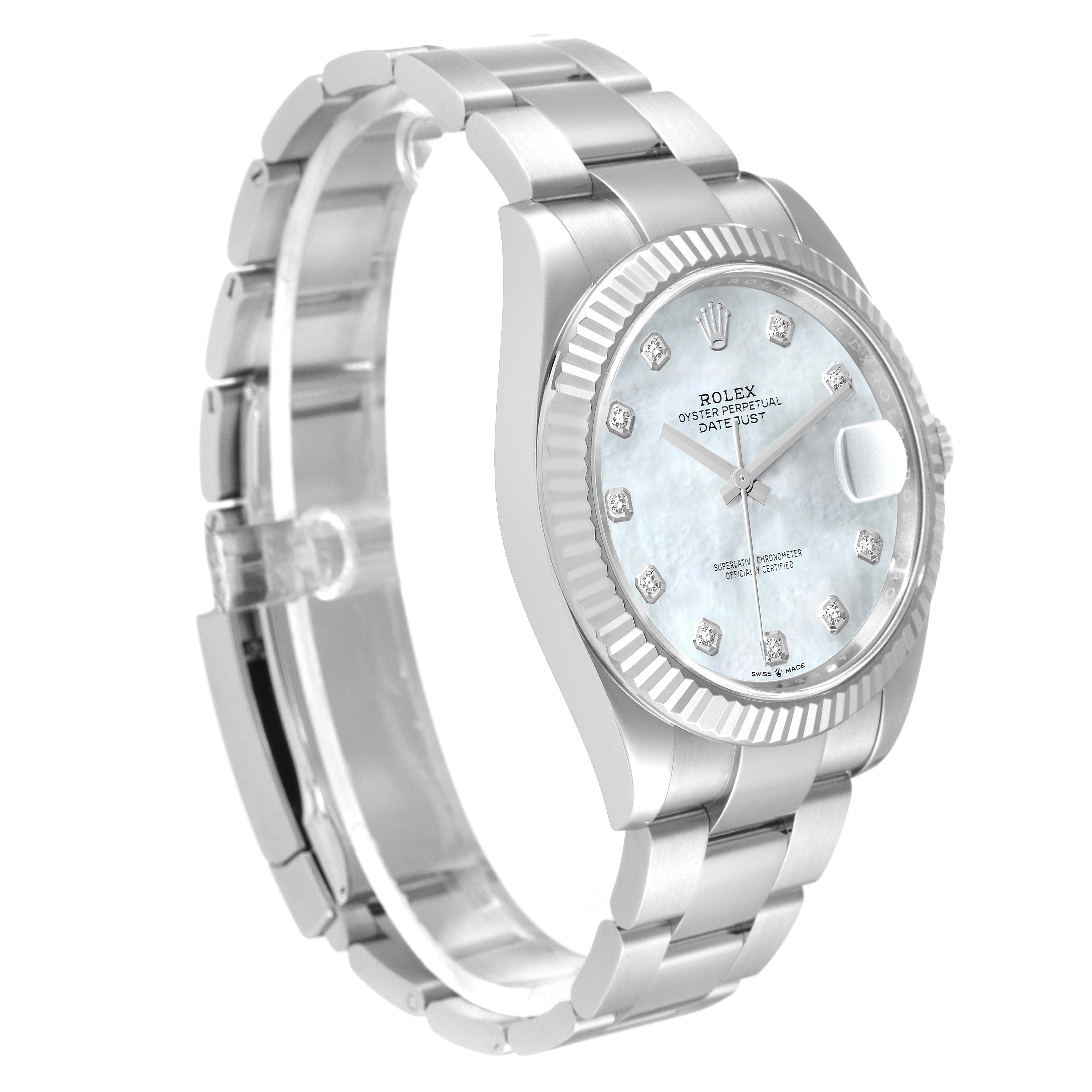 The Rolex Datejust 41 126334 Men's Stainless Steel Mother of Pearl Dial 126334 Men's Stainless Steel Mother of Pearl Dial watch is shown from a three-quarter angle highlighting the face, bezel, and bracelet.