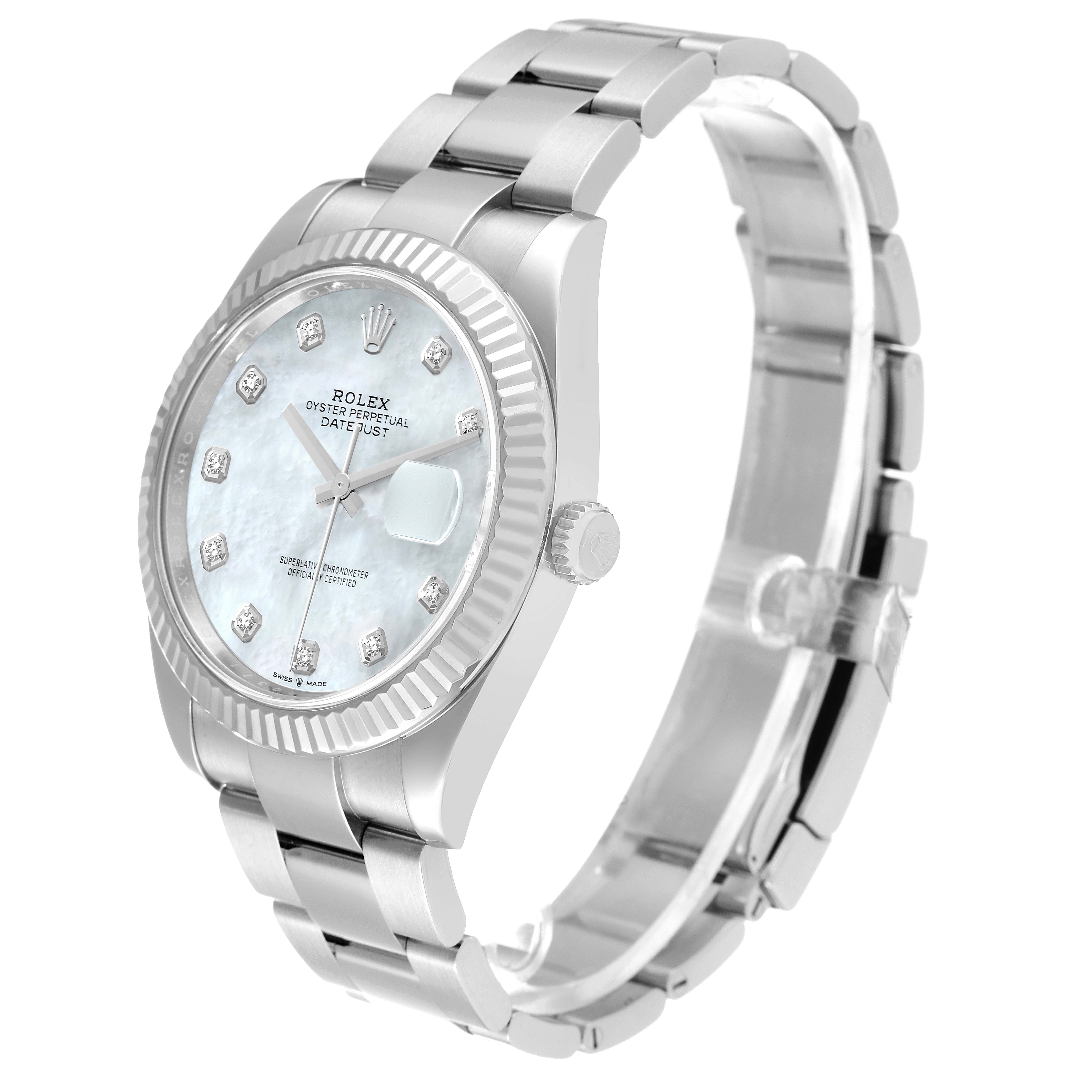 The image shows a Rolex Datejust 41 126334 Men's Stainless Steel Mother of Pearl Dial 126334 Men's Stainless Steel Mother of Pearl Dial watch at an angle displaying the face, bezel, crown, and part of the bracelet.