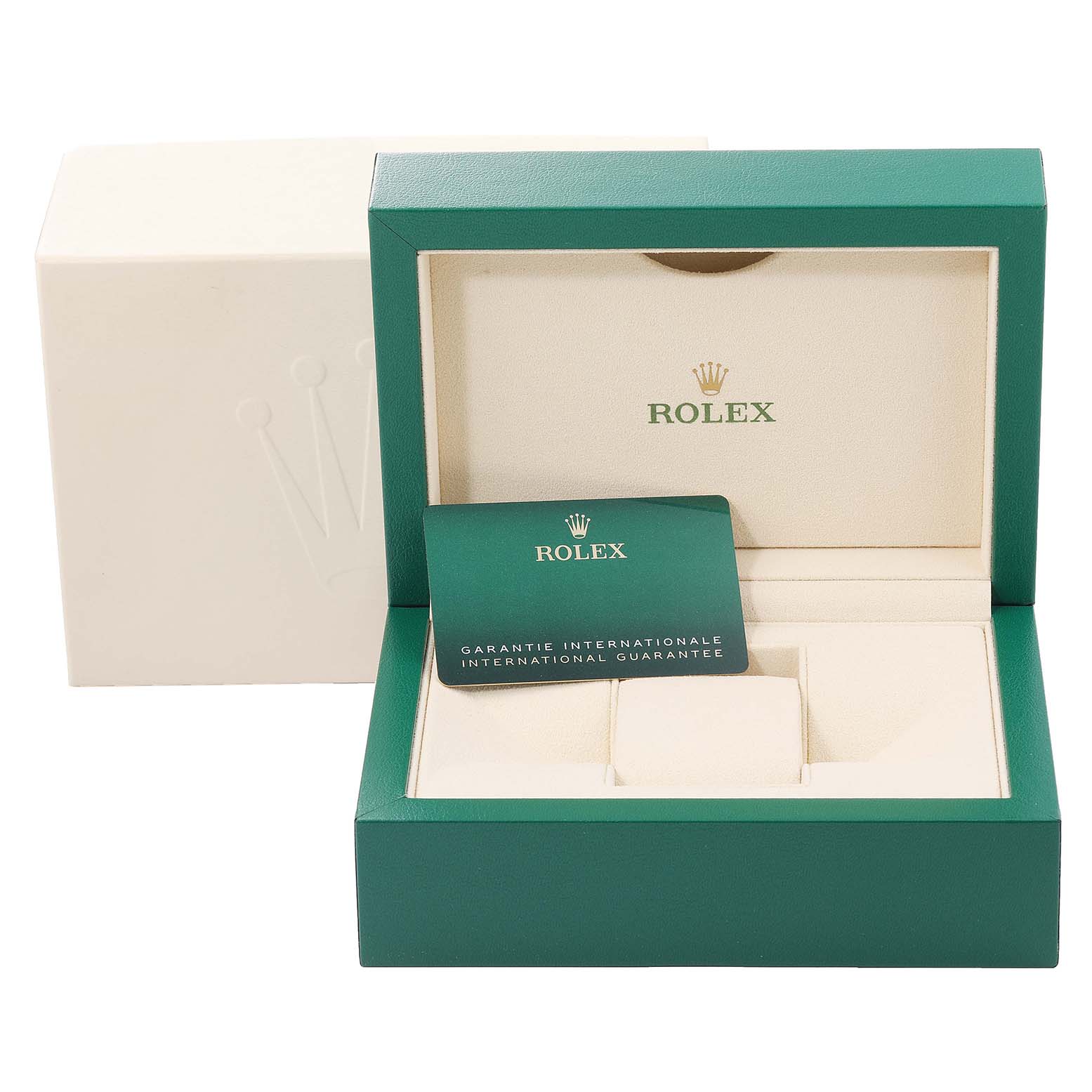 The image shows the open box and warranty card of a Rolex Datejust 41 126334 Men's Stainless Steel Mother of Pearl Dial 126334 Men's Stainless Steel Mother of Pearl Dial, displayed frontally.