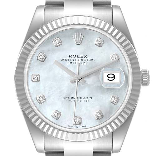 Photo of Rolex Datejust 41 Steel White Gold Mother of Pearl Diamond Mens Watch 126334 Box Card
