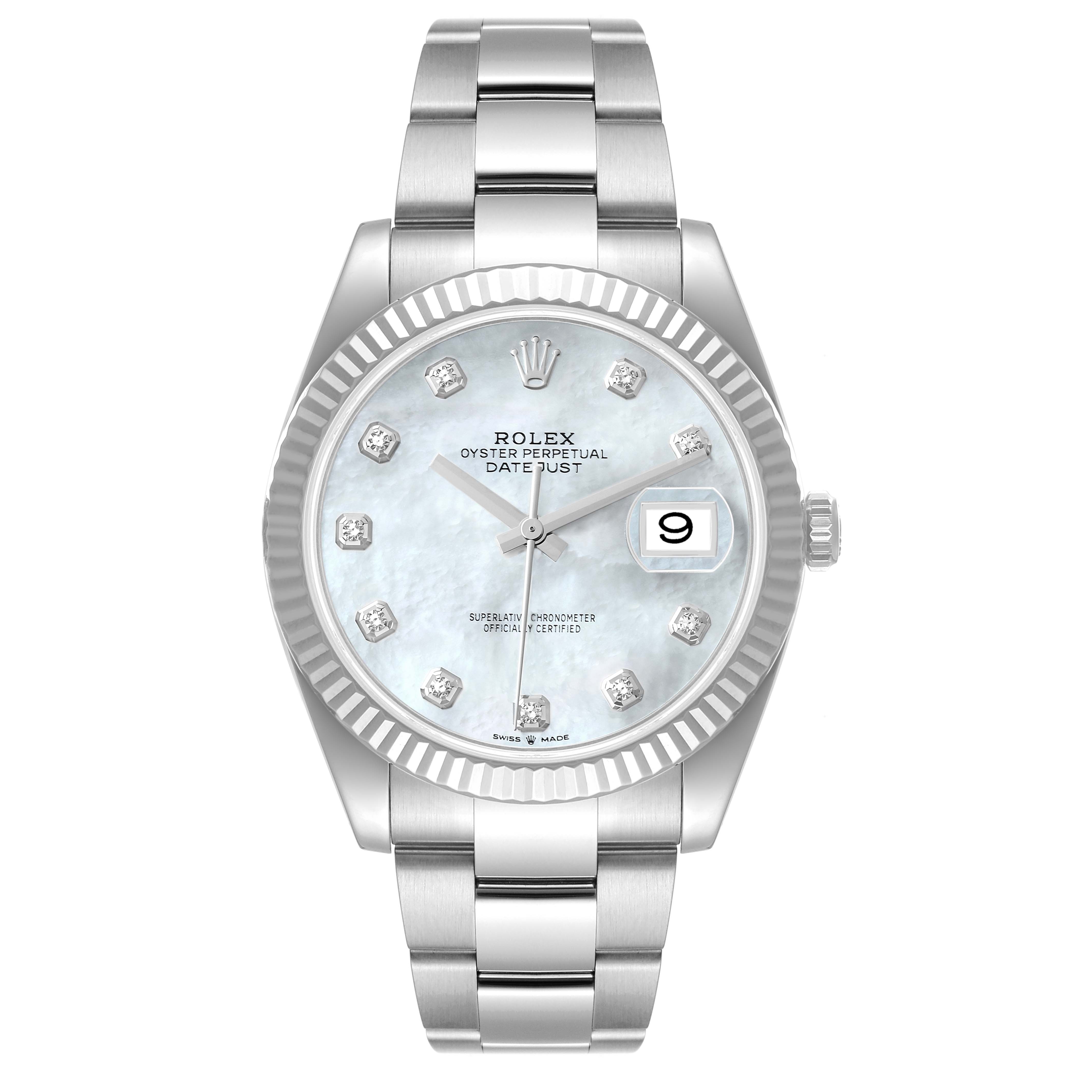 This image shows a Rolex Datejust 41 126334 Men's Stainless Steel Mother of Pearl Dial 126334 Men's Stainless Steel Mother of Pearl Dial watch from a front angle, displaying the face, bezel, and bracelet.