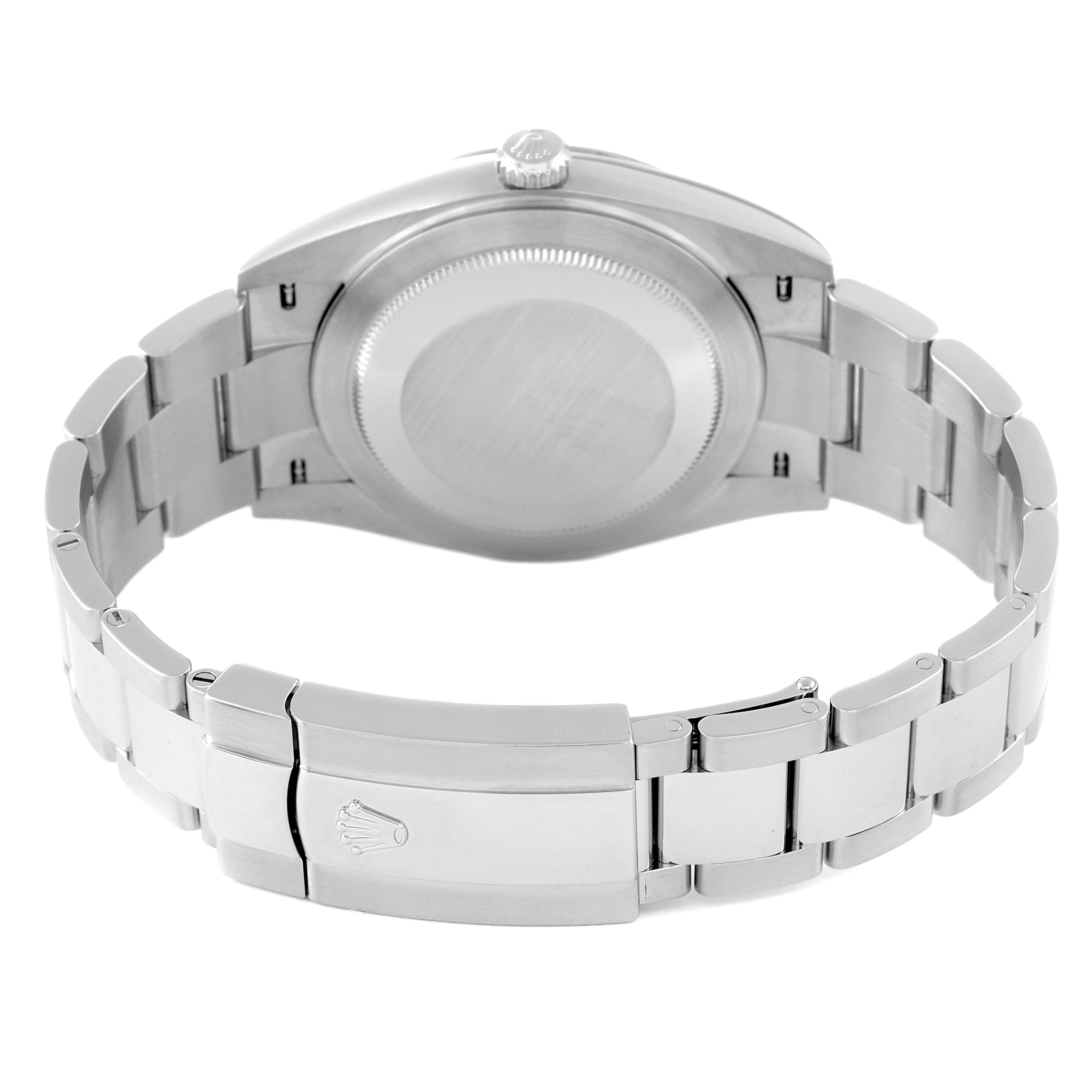 The image shows the backside and the bracelet clasp of a Rolex Datejust 41 126334 Men's Stainless Steel Mother of Pearl Dial 126334 Men's Stainless Steel Mother of Pearl Dial watch in a partially open position.