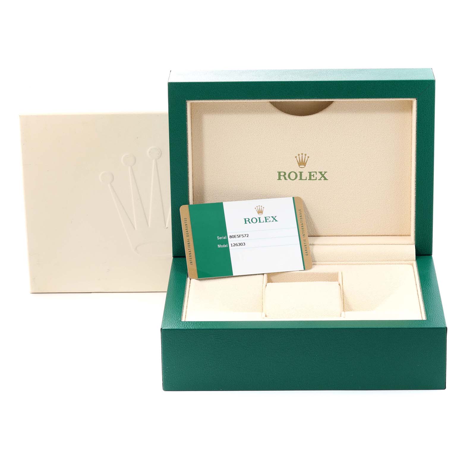 The image shows the open box and warranty card of a Rolex Datejust 41 126303 Men's Steel and Gold (two tone) Black Dial 126303 Men's Steel and Gold (two tone) Black Dial model.