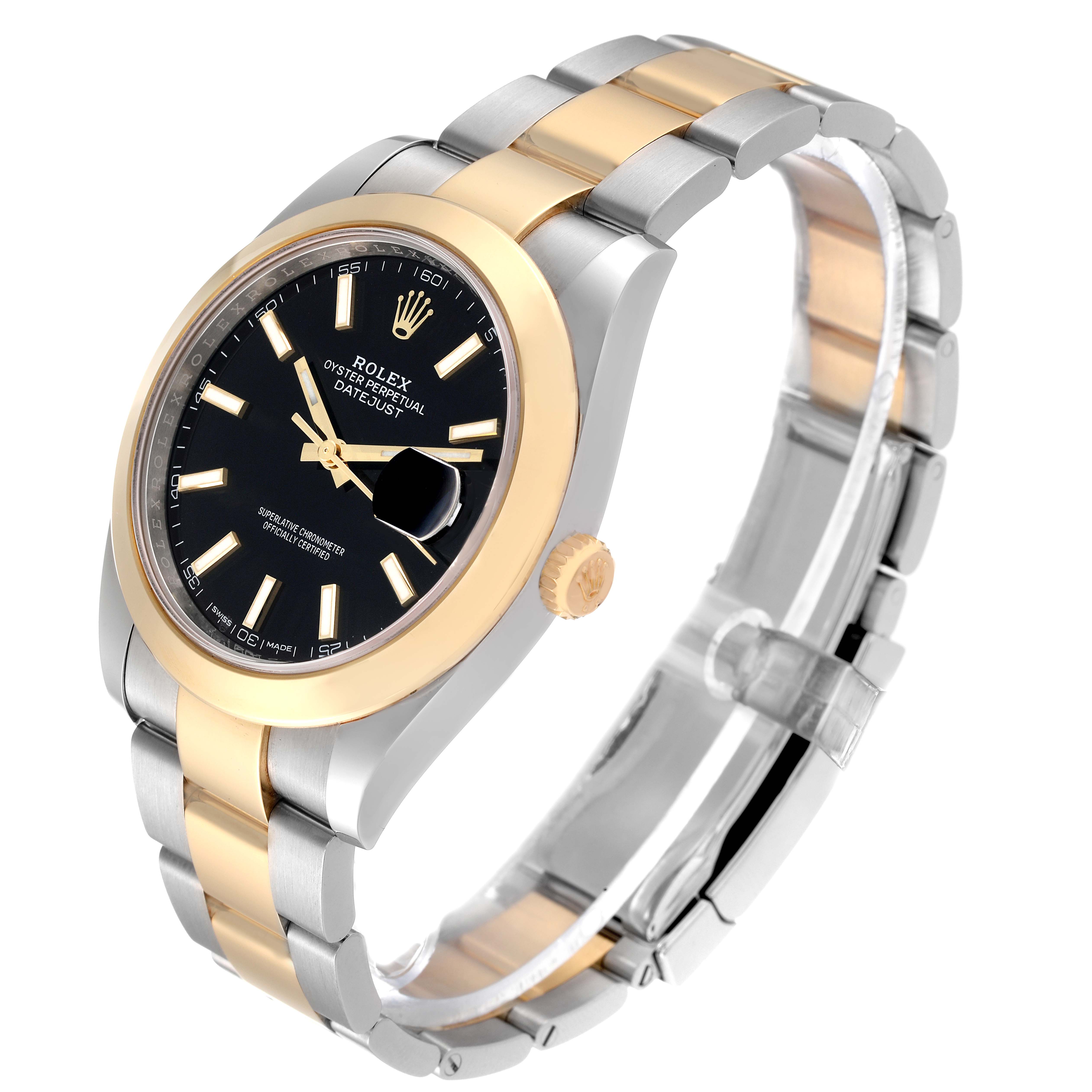 The image shows a Rolex Datejust 41 126303 Men's Steel and Gold (two tone) Black Dial 126303 Men's Steel and Gold (two tone) Black Dial watch at a three-quarter angle, highlighting the black dial, gold bezel, and two-tone bracelet.