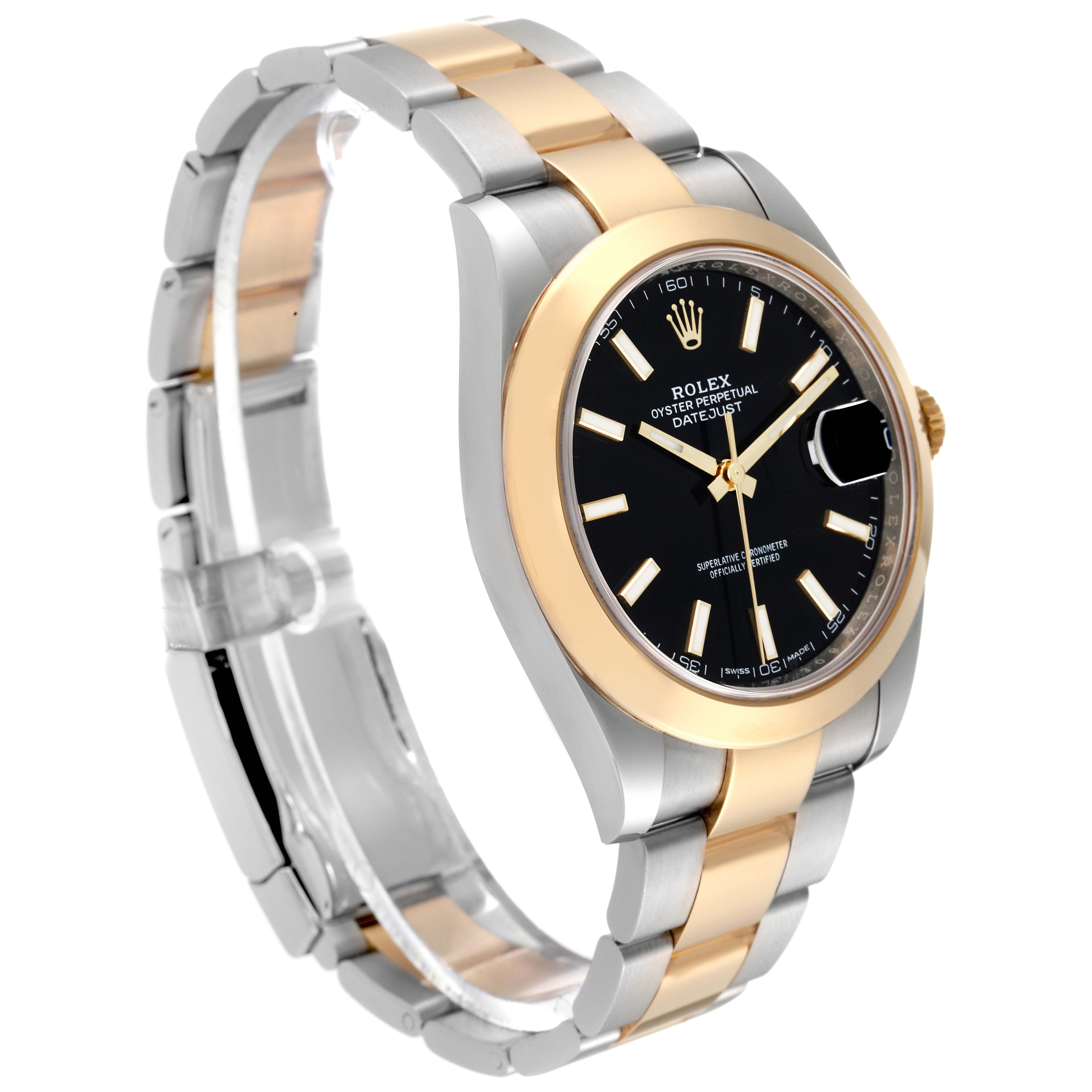 The Rolex Datejust 41 126303 Men's Steel and Gold (two tone) Black Dial 126303 Men's Steel and Gold (two tone) Black Dial is shown at a three-quarter angle, highlighting its two-tone band, black dial, and gold bezel.