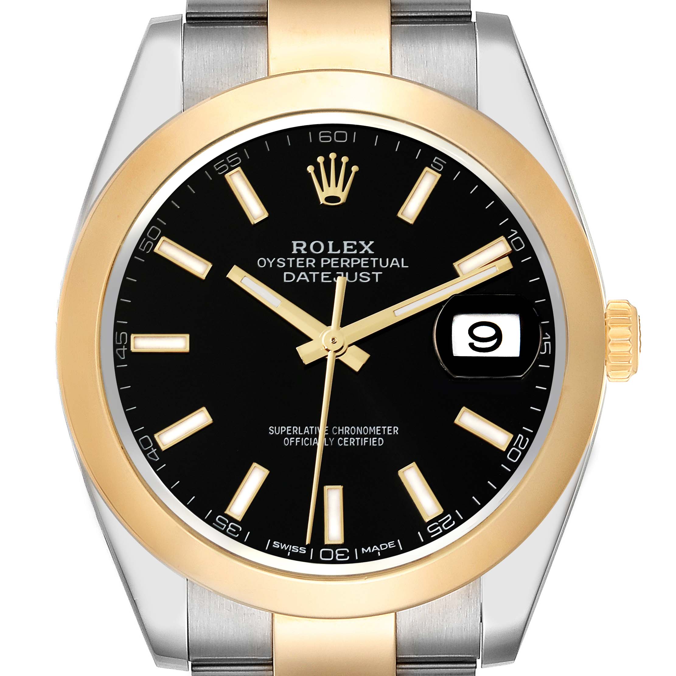 The Rolex Datejust 41 126303 Men's Steel and Gold (two tone) Black Dial 126303 Men's Steel and Gold (two tone) Black Dial watch is shown from a front angle, highlighting the black dial, gold bezel, and two-tone bracelet.