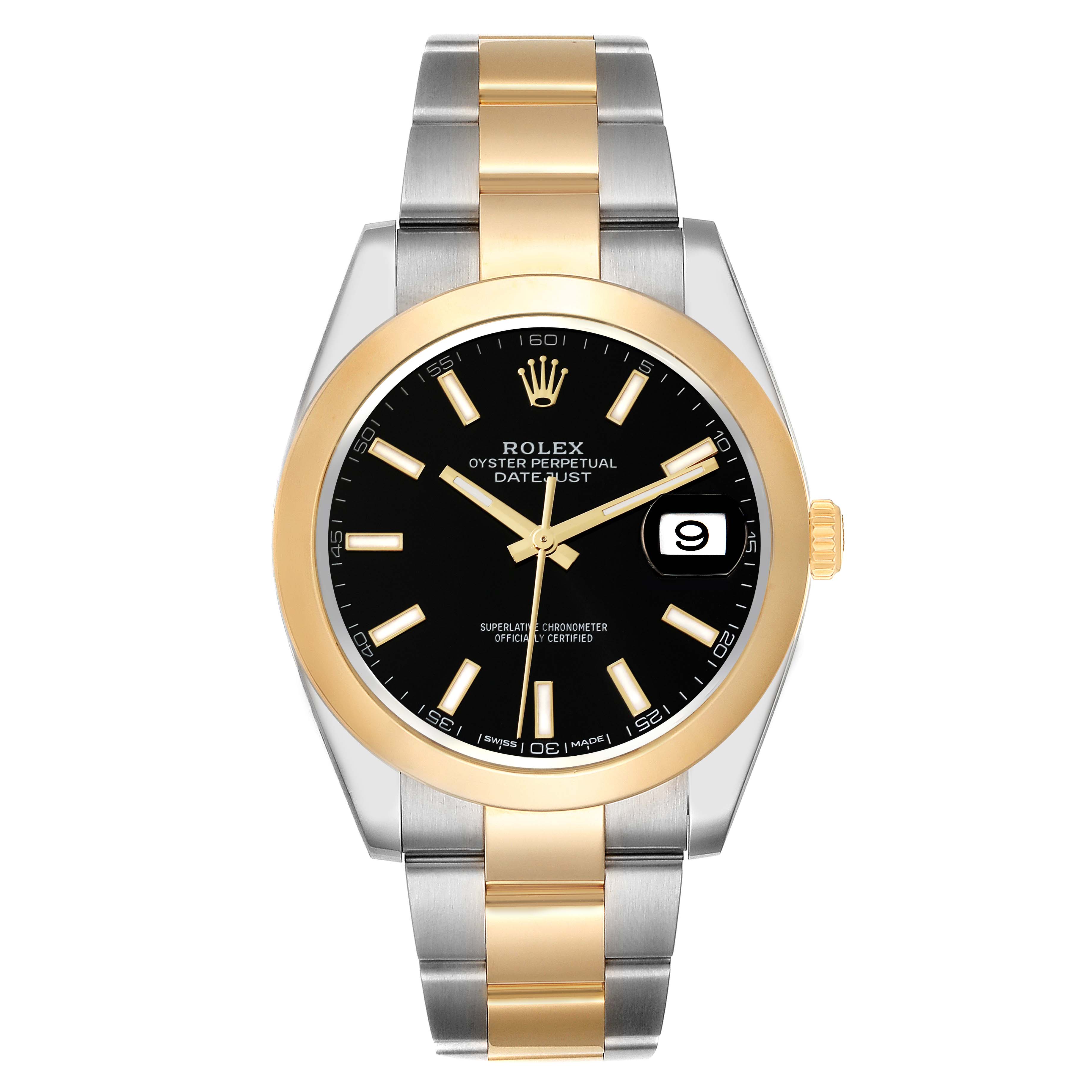 The image shows a front view of the Rolex Datejust 41 126303 Men's Steel and Gold (two tone) Black Dial 126303 Men's Steel and Gold (two tone) Black Dial watch, highlighting its black dial, two-tone bracelet, and gold bezel.