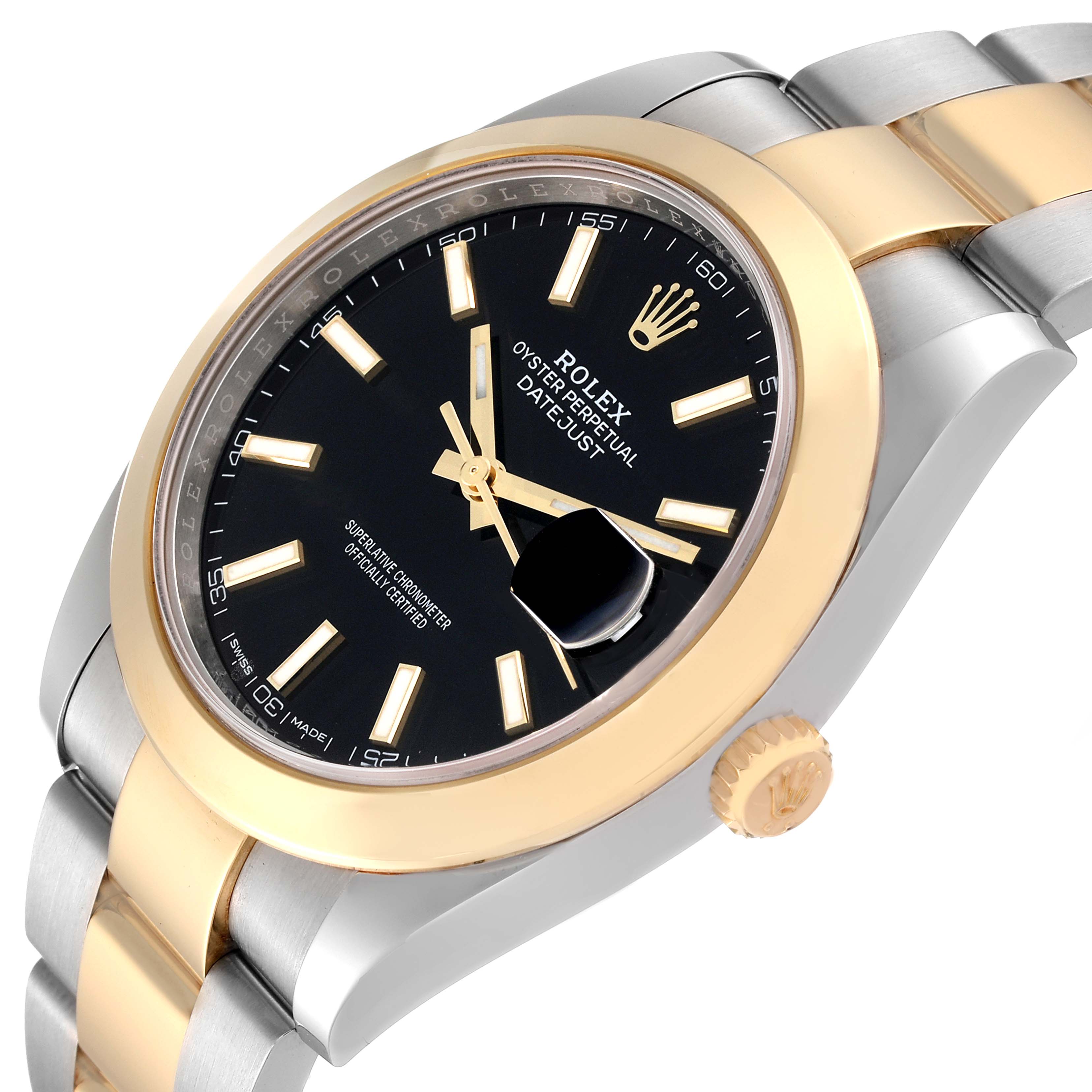 This image shows a close-up angle of the Rolex Datejust 41 126303 Men's Steel and Gold (two tone) Black Dial 126303 Men's Steel and Gold (two tone) Black Dial watch, highlighting the face, bezel, and part of the bracelet.