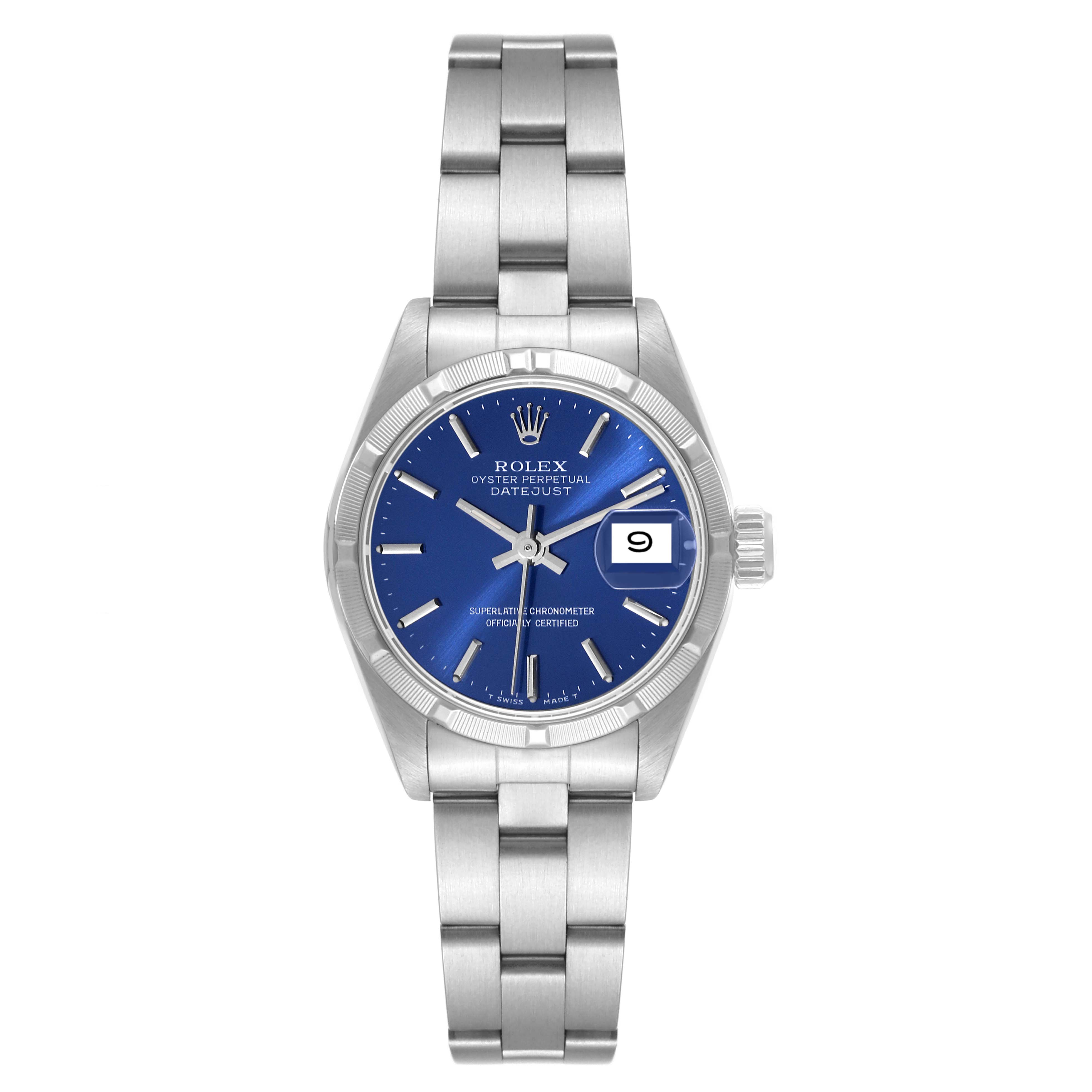 The image shows a front view of a Rolex Datejust 69190 Women's Stainless Steel Blue Dial 69190 Women's Stainless Steel Blue Dial watch, featuring its blue dial, metal bracelet, and date window.