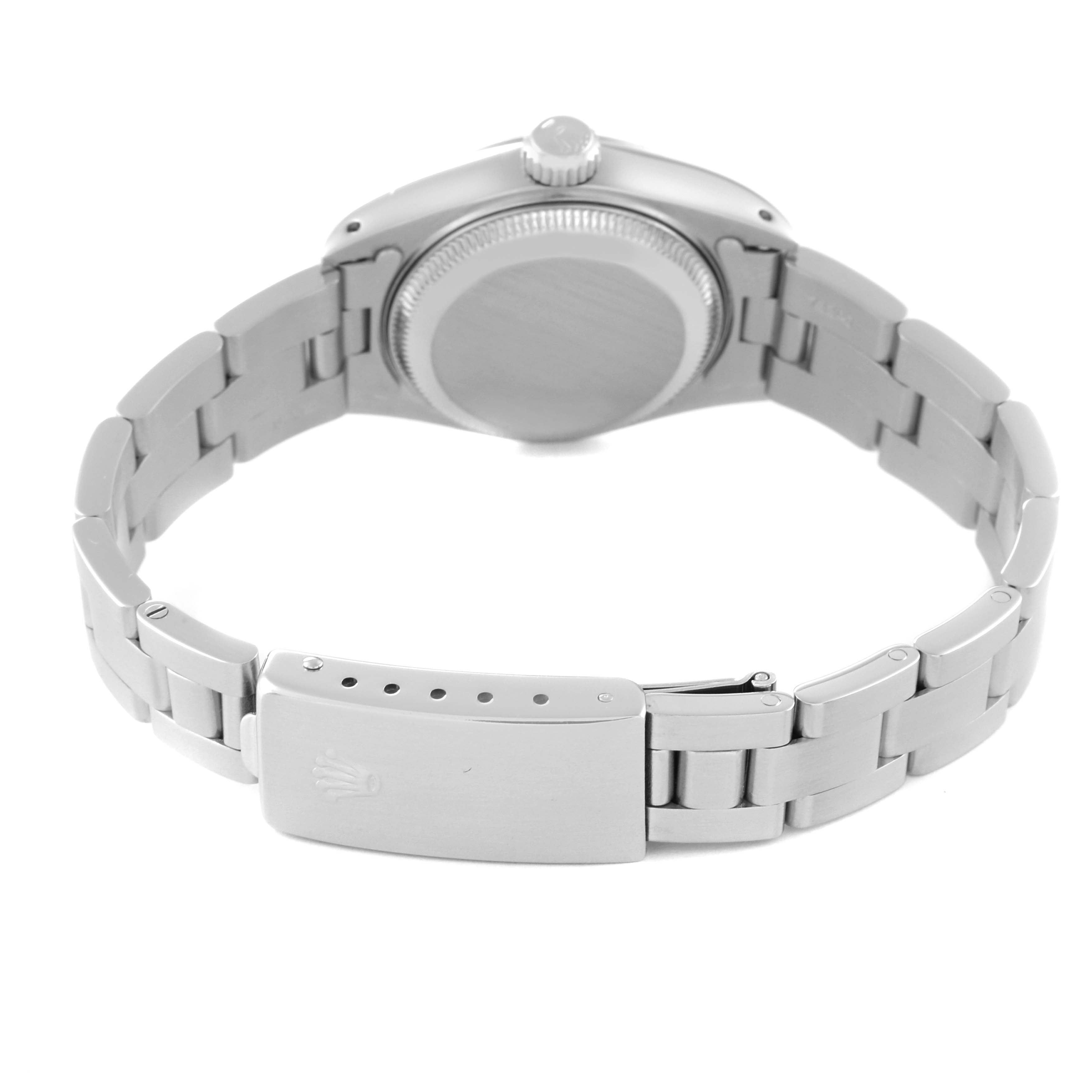 The image shows the back case, crown, and clasp of the Rolex Datejust 69190 Women's Stainless Steel Blue Dial 69190 Women's Stainless Steel Blue Dial watch, viewed from the rear angle.