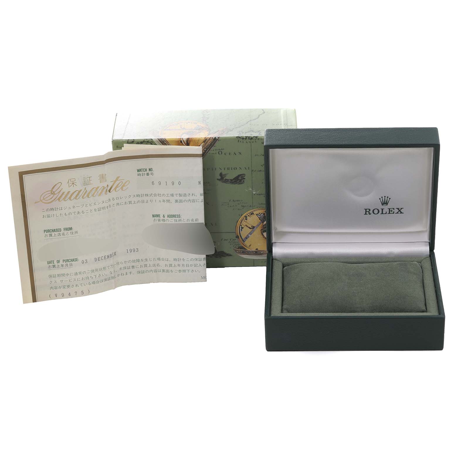 The image shows a Rolex Datejust 69190 Women's Stainless Steel Blue Dial 69190 Women's Stainless Steel Blue Dial watch outer box, inner box, and warranty certificate from an elevated angle.