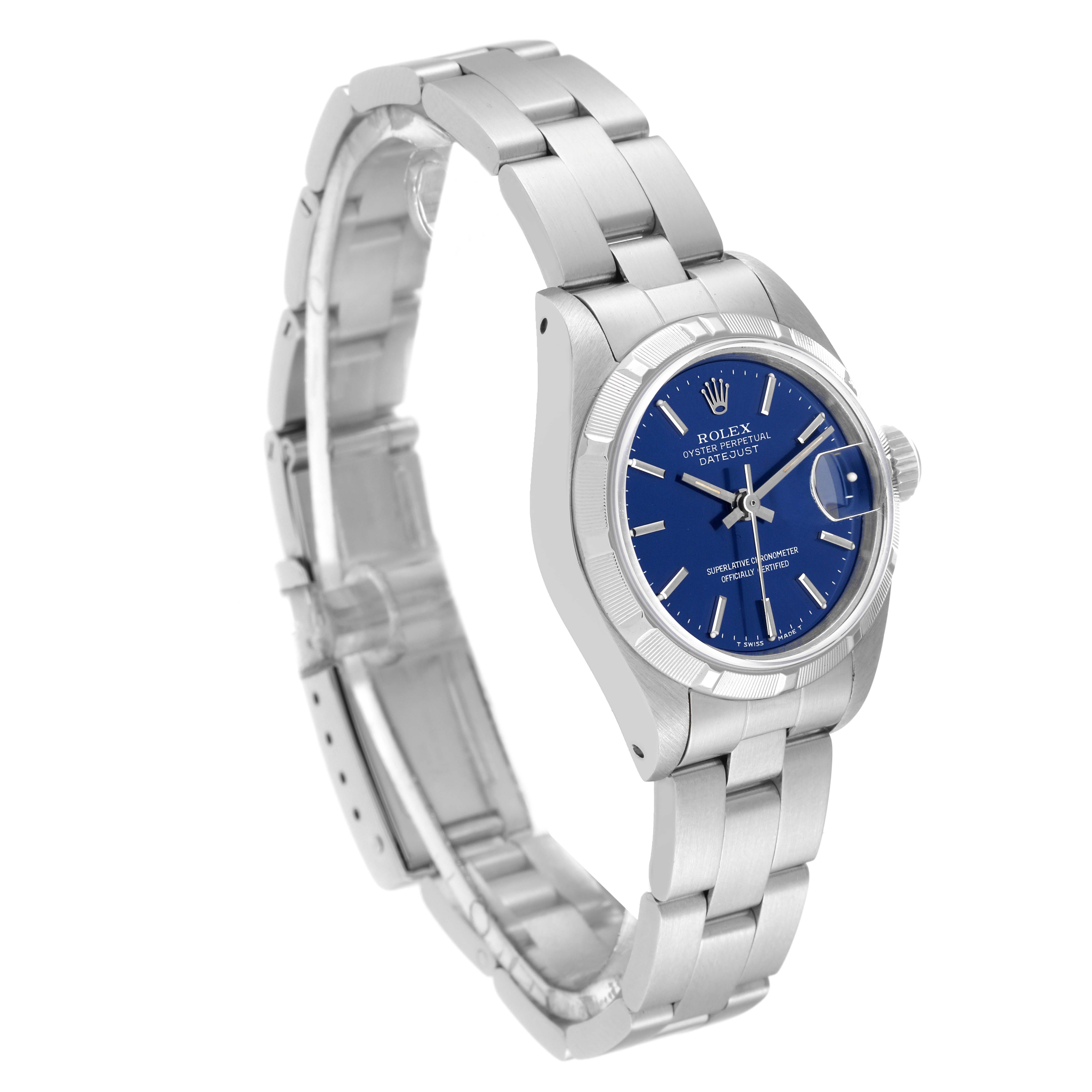 The image shows a Rolex Datejust 69190 Women's Stainless Steel Blue Dial 69190 Women's Stainless Steel Blue Dial watch from a three-quarter angle, displaying the face, bezel, crown, and bracelet.