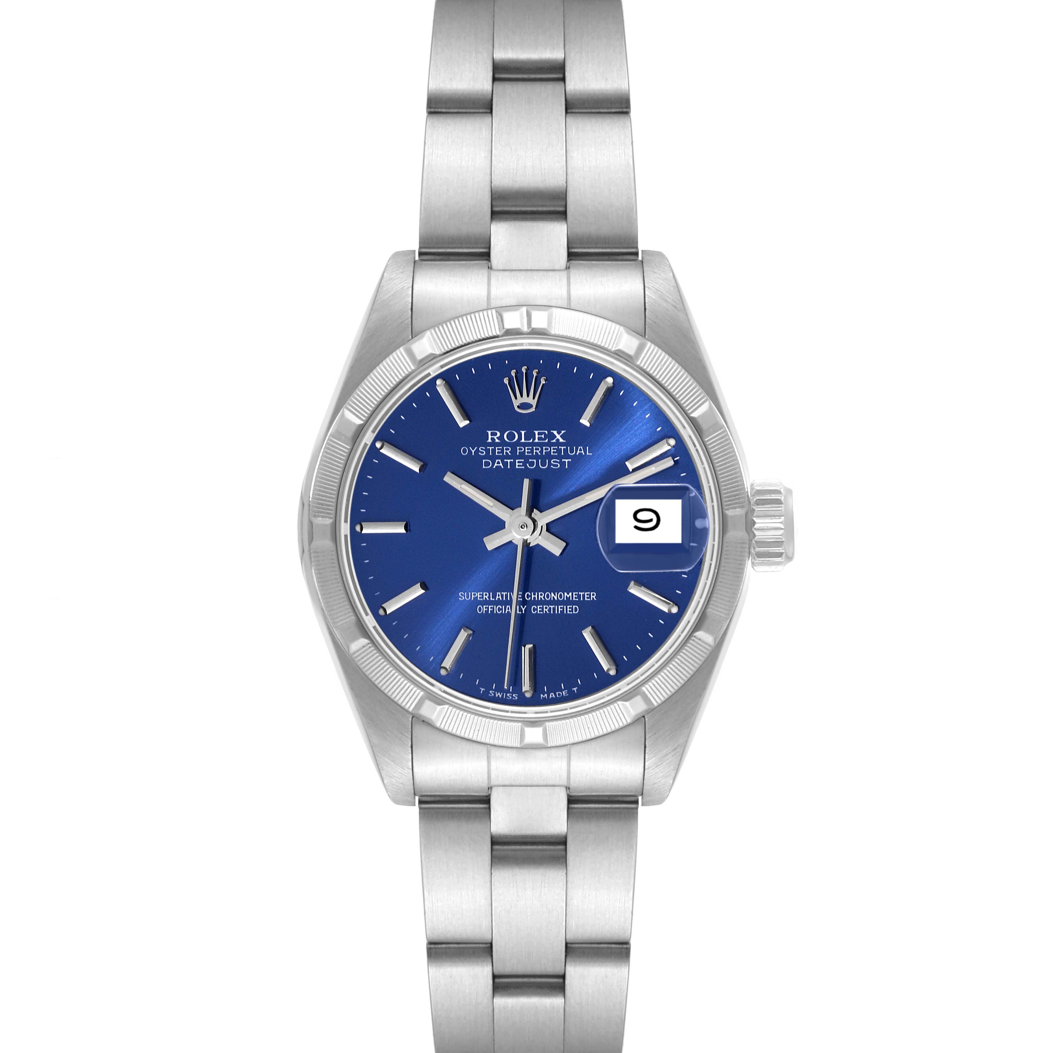 The Rolex Datejust 69190 Women's Stainless Steel Blue Dial 69190 Women's Stainless Steel Blue Dial watch is shown from a front angle, displaying the blue dial, date window, hour markers, hands, and stainless steel bracelet.