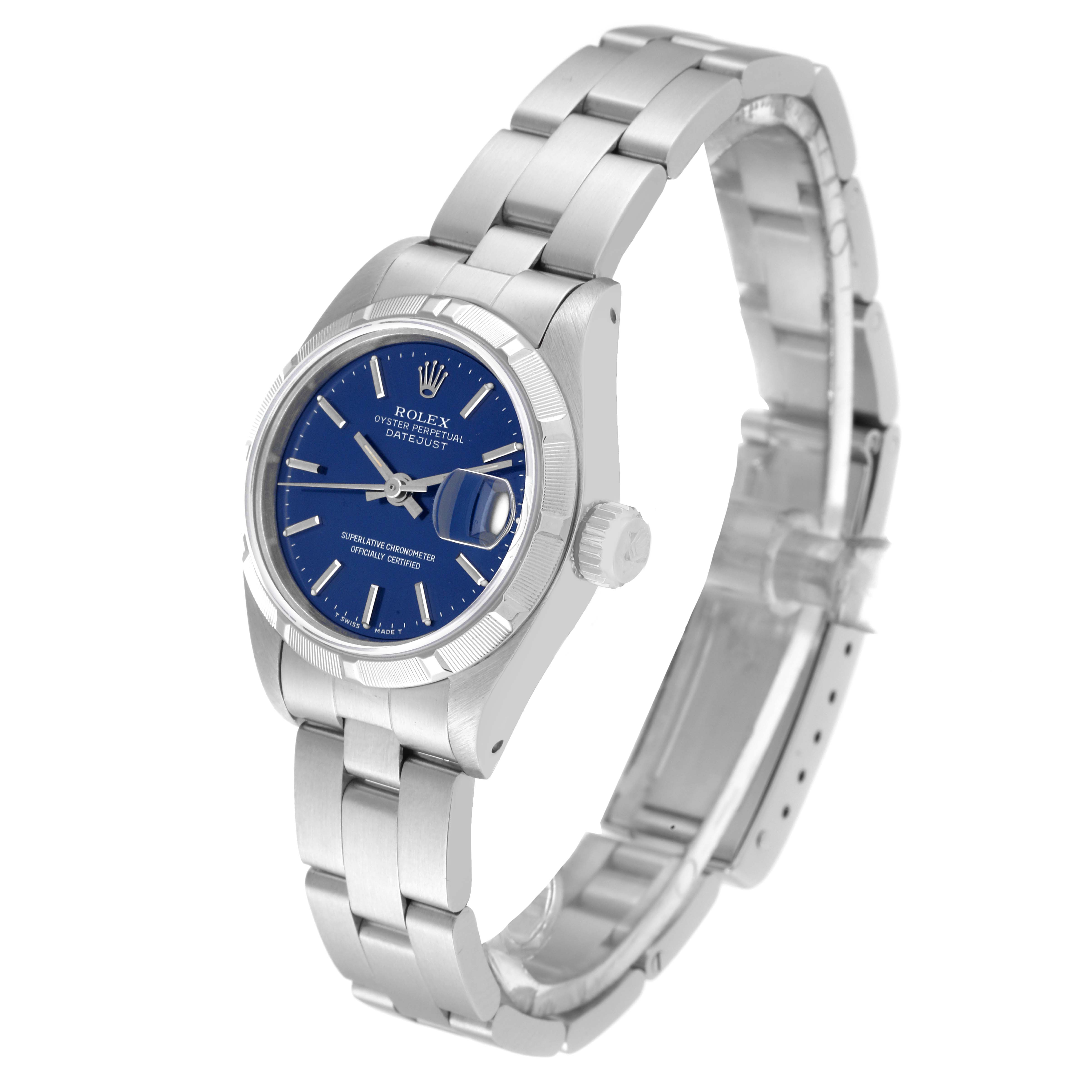 The image shows a Rolex Datejust 69190 Women's Stainless Steel Blue Dial 69190 Women's Stainless Steel Blue Dial watch at a three-quarter angle, highlighting the bracelet, case, and blue dial.