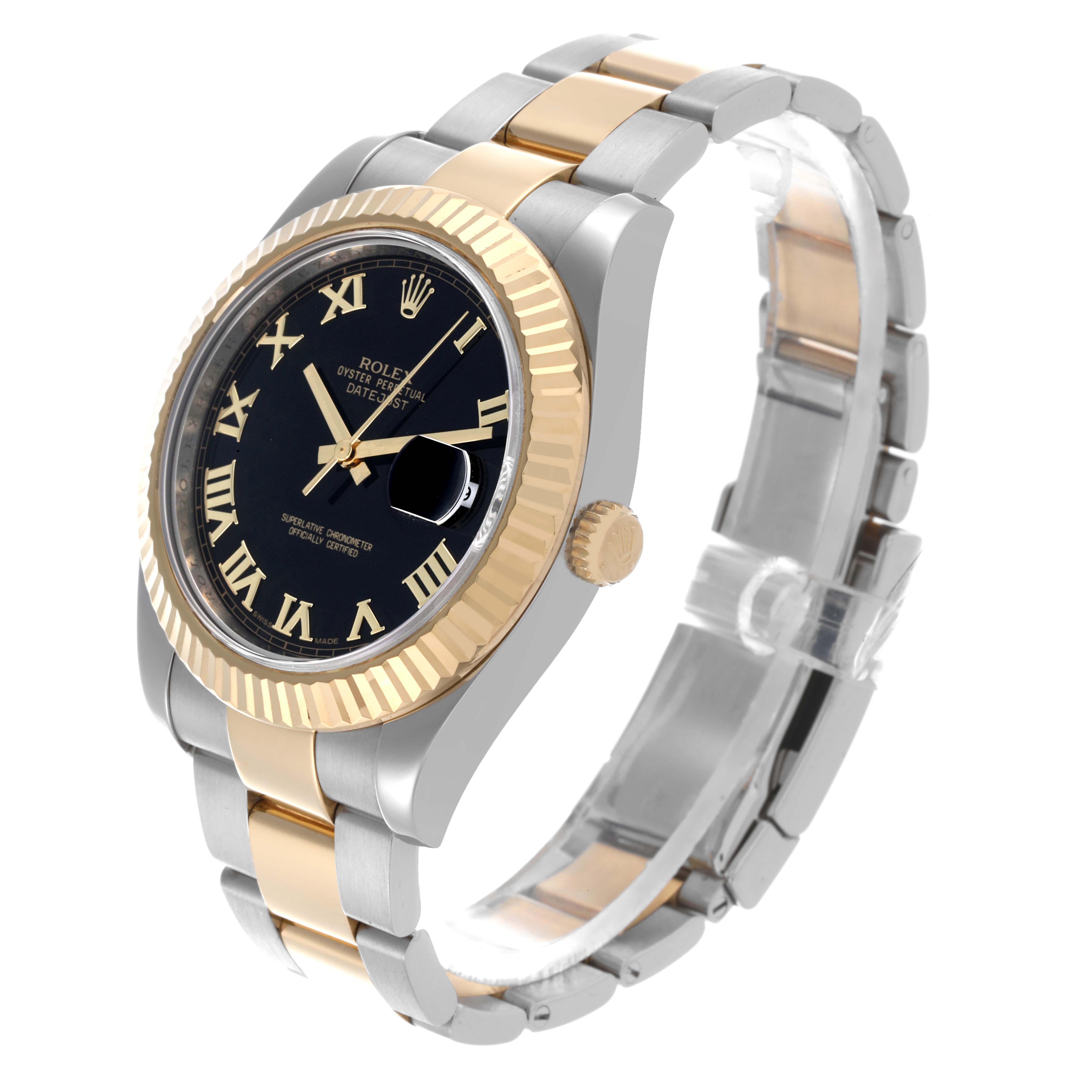 The Rolex Datejust 41 116333 Men's Steel and Gold (two tone) Black Dial 116333 Men's Steel and Gold (two tone) Black Dial is shown at an angled side view, highlighting the bezel, dial, and two-tone bracelet.