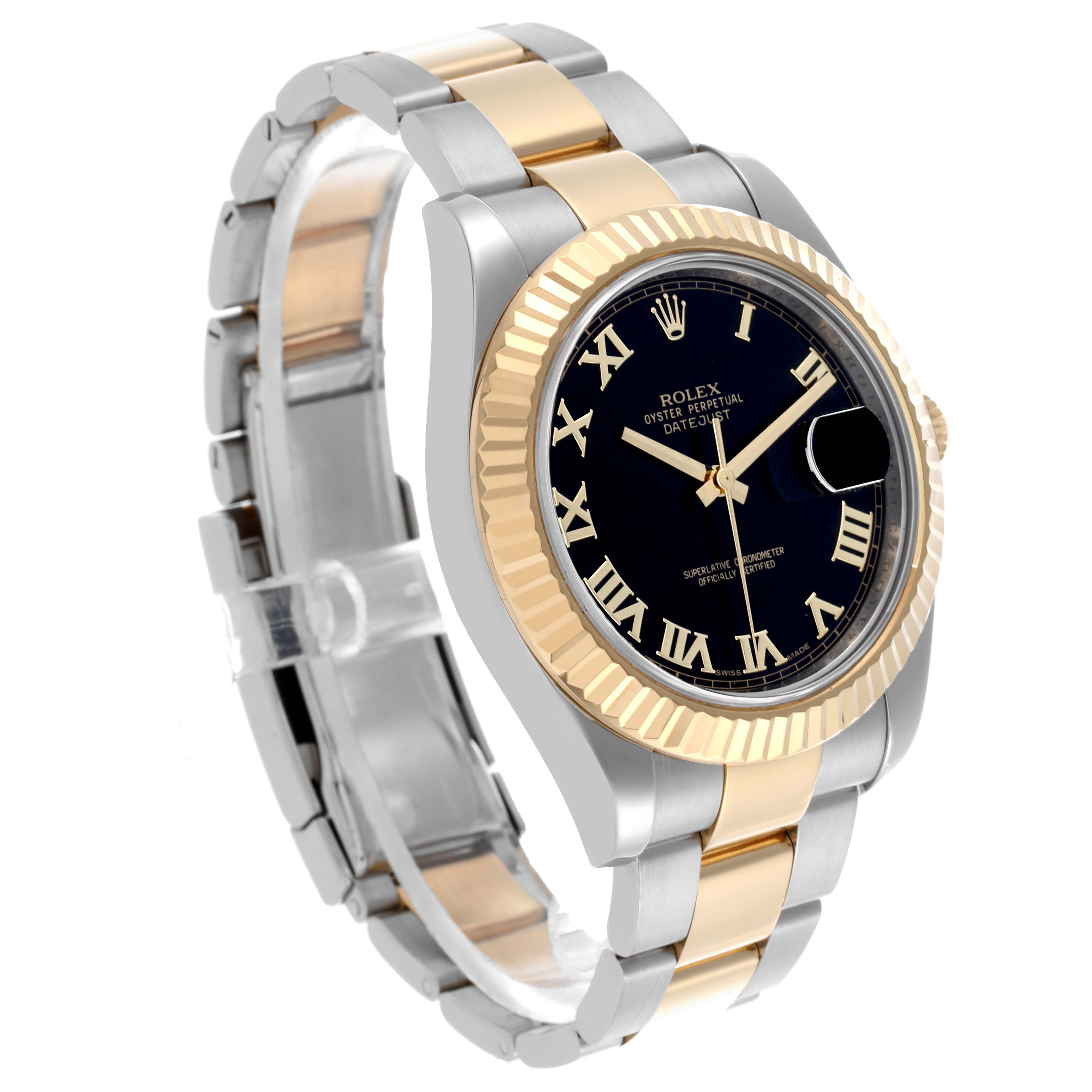 The Rolex Datejust 41 116333 Men's Steel and Gold (two tone) Black Dial 116333 Men's Steel and Gold (two tone) Black Dial is shown at a three-quarter angle, highlighting the face, fluted bezel, and two-tone bracelet.
