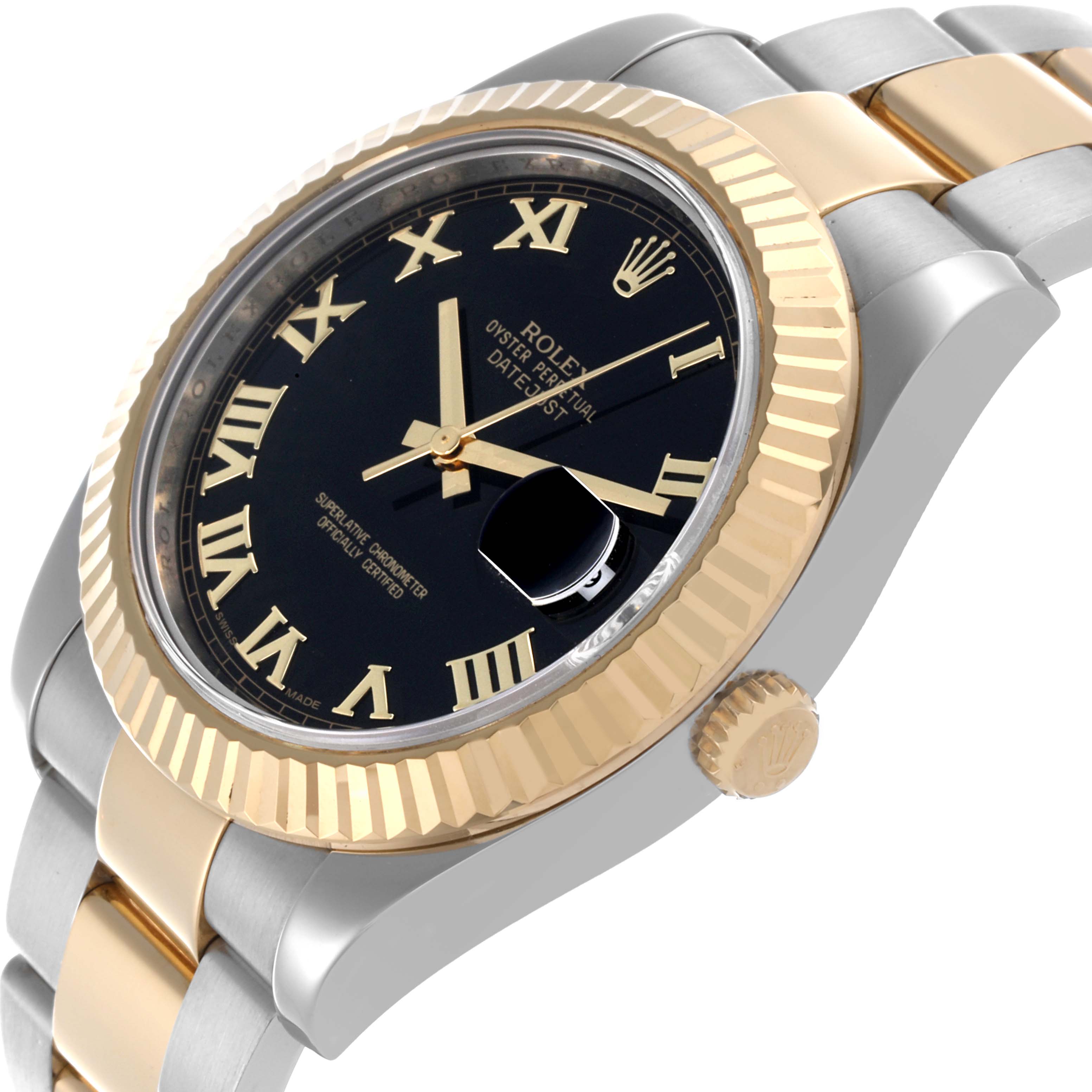 The Rolex Datejust 41 116333 Men's Steel and Gold (two tone) Black Dial 116333 Men's Steel and Gold (two tone) Black Dial is shown at a side angle, highlighting its gold bezel, black dial, and two-tone bracelet.