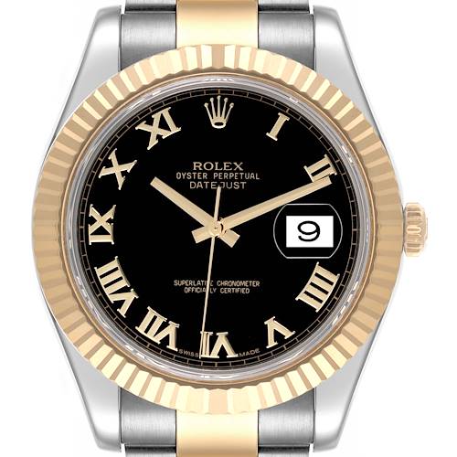 The Rolex Datejust 41 is shown from the front, highlighting its black dial, gold Roman numerals, and two-tone bezel.