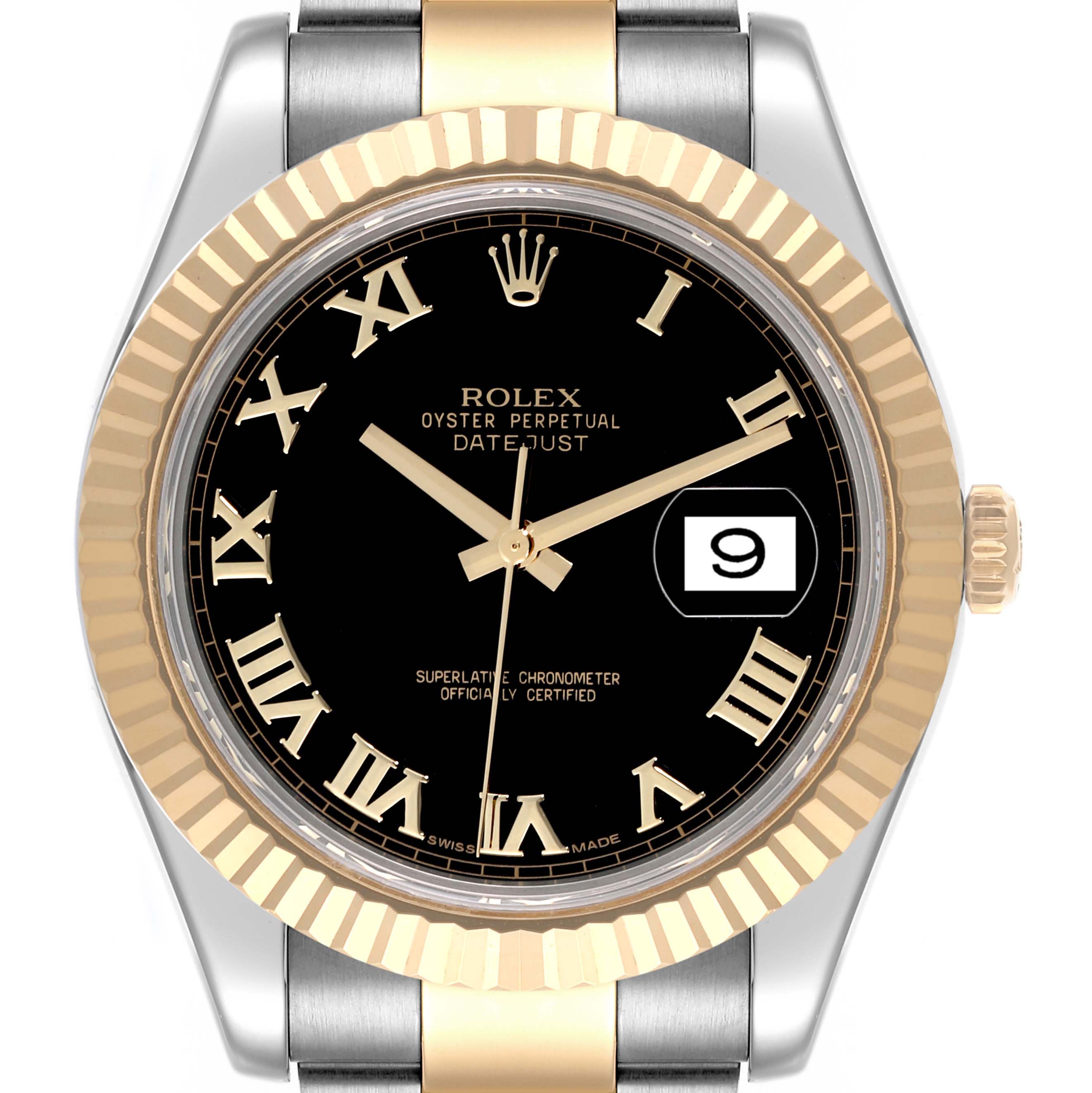 The Rolex Datejust 41 116333 Men's Steel and Gold (two tone) Black Dial 116333 Men's Steel and Gold (two tone) Black Dial is shown from the front, highlighting its black dial, gold Roman numerals, and date display.