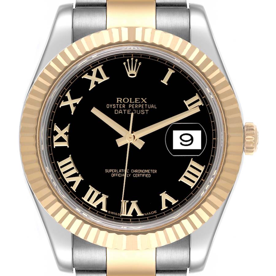 The Rolex Datejust 41 is shown from the front, highlighting its black dial, gold Roman numerals, and date display.