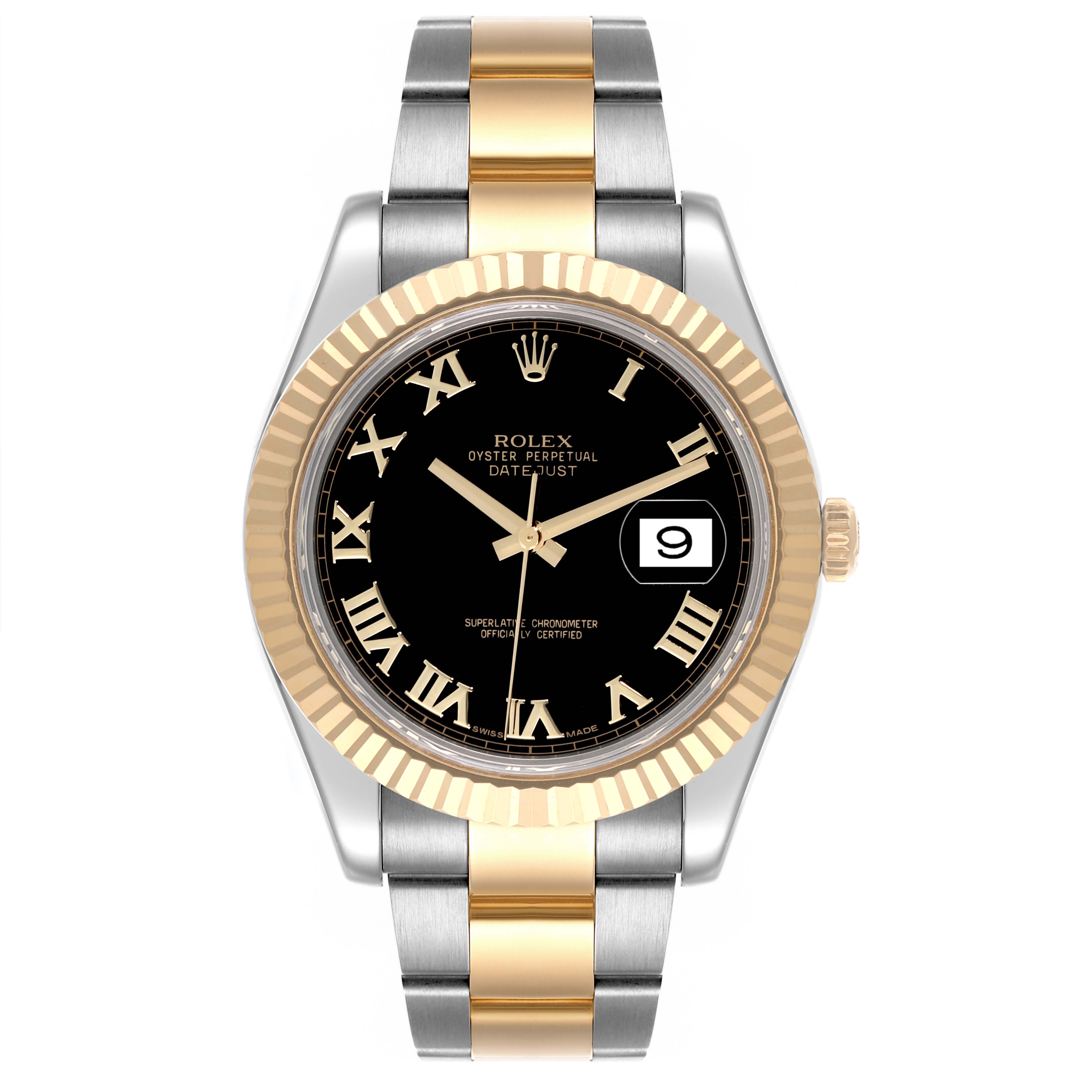 The Rolex Datejust 41 116333 Men's Steel and Gold (two tone) Black Dial 116333 Men's Steel and Gold (two tone) Black Dial is shown from a top-down angle, displaying the dial, fluted bezel, and two-tone band.