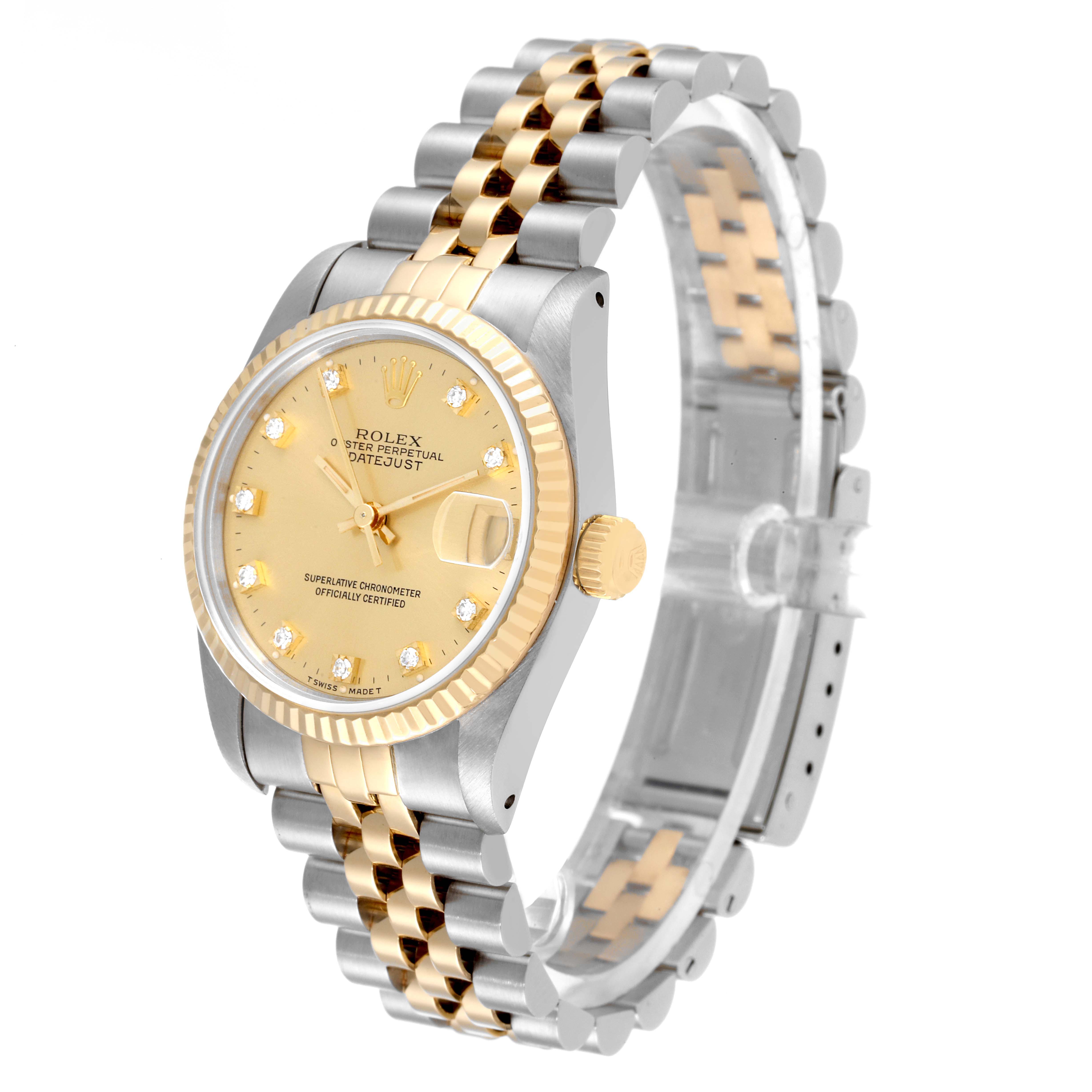 The image shows a Mid-Size Rolex Datejust watch at an angle highlighting its face, bezel, crown, and two-tone bracelet.