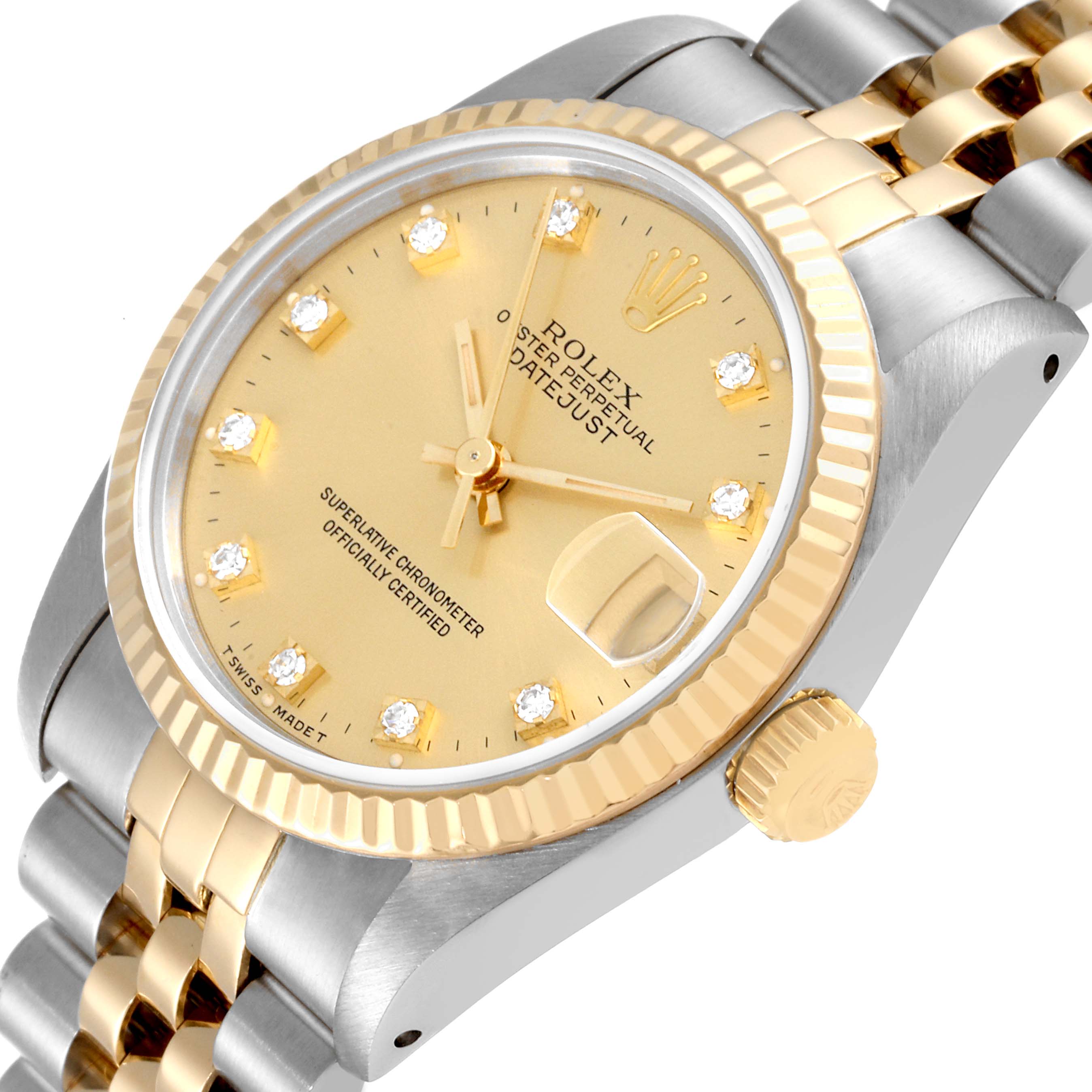 This image shows a close-up of a Rolex Datejust Mid-Size watch, highlighting its gold and silver bezel and bracelet.