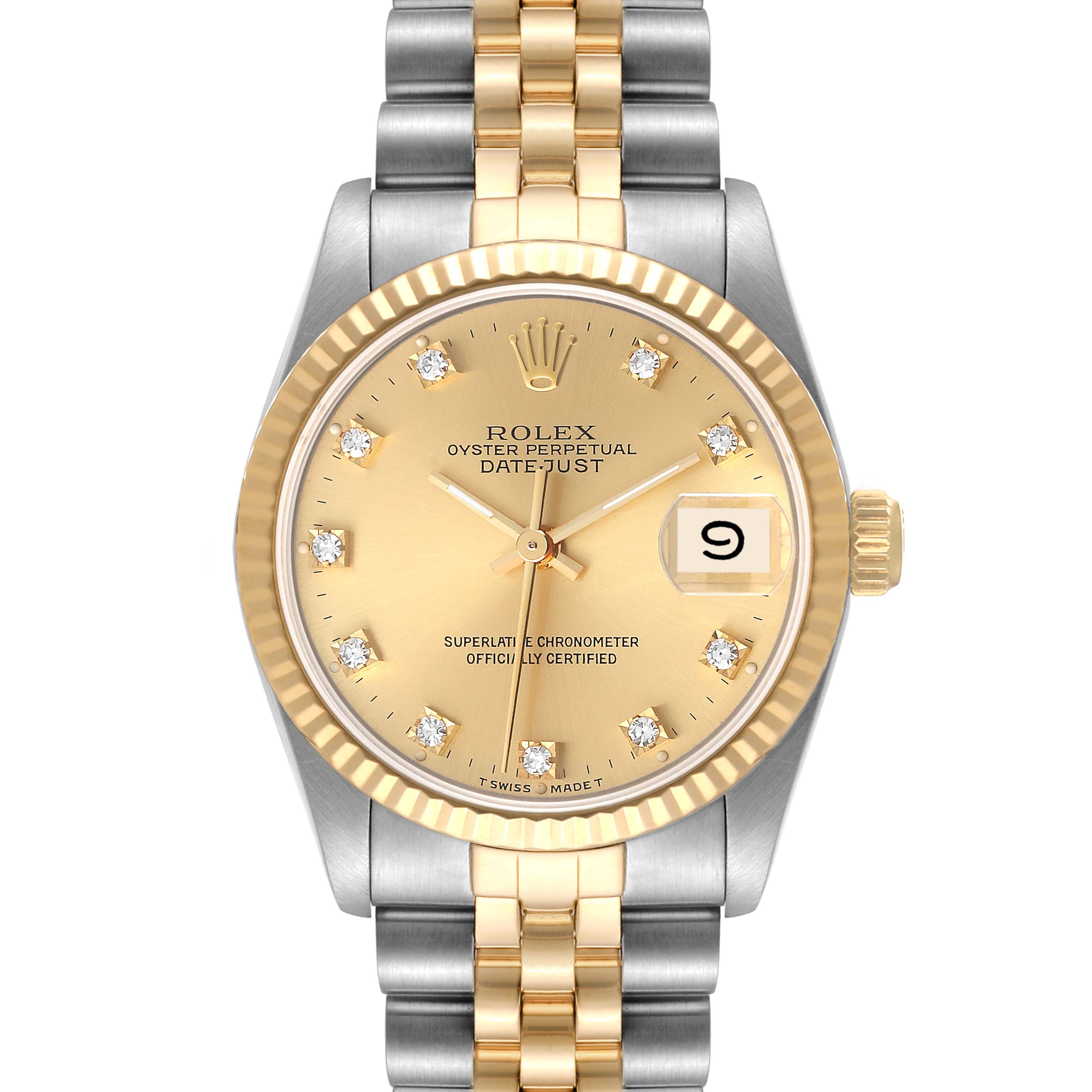 This image shows a front view of a gold and stainless steel Rolex Mid-Size 68273 Women
s Steel and Gold (two tone) Champagne Dial 68273 Women
s Steel and Gold (two tone) Champagne Dial Oyster Perpetual Datejust watch with a champagne dial.