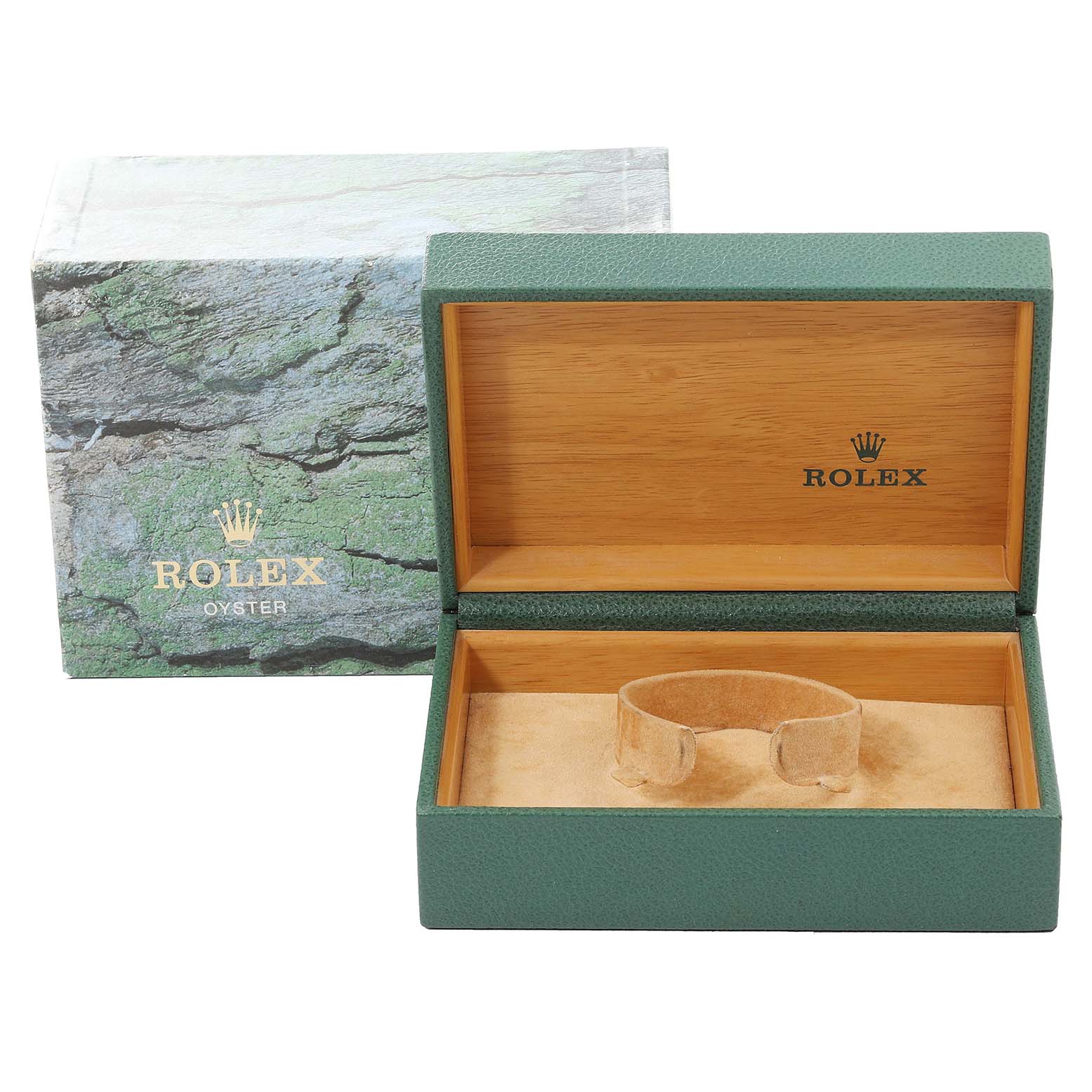 The image shows the open green and gold box for a Mid-Size Rolex, with a beige watch cushion inside.