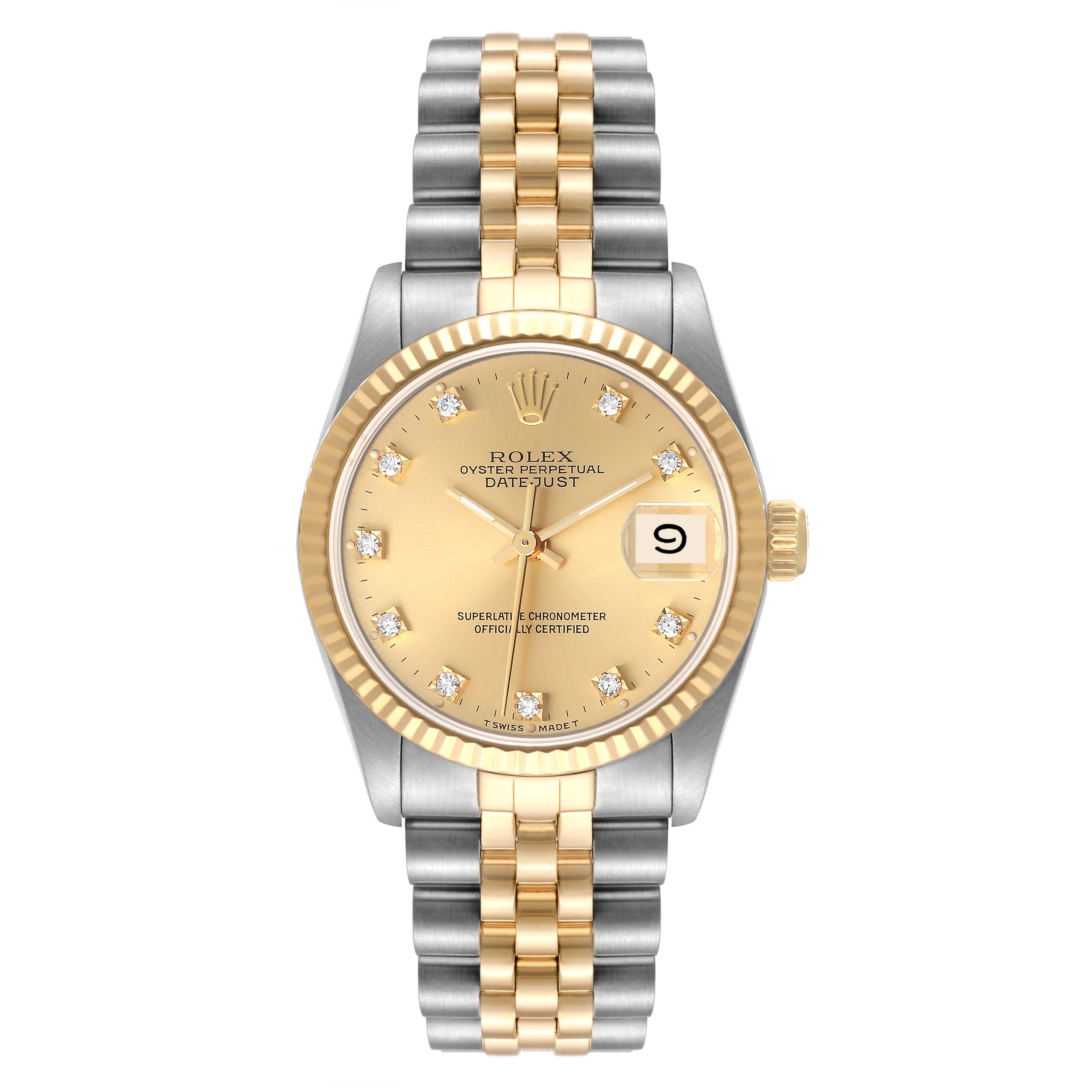 This image shows a front view of the Rolex Mid-Size 68273 Women
s Steel and Gold (two tone) Champagne Dial 68273 Women
s Steel and Gold (two tone) Champagne Dial Datejust watch, featuring a gold bezel and two-tone bracelet.