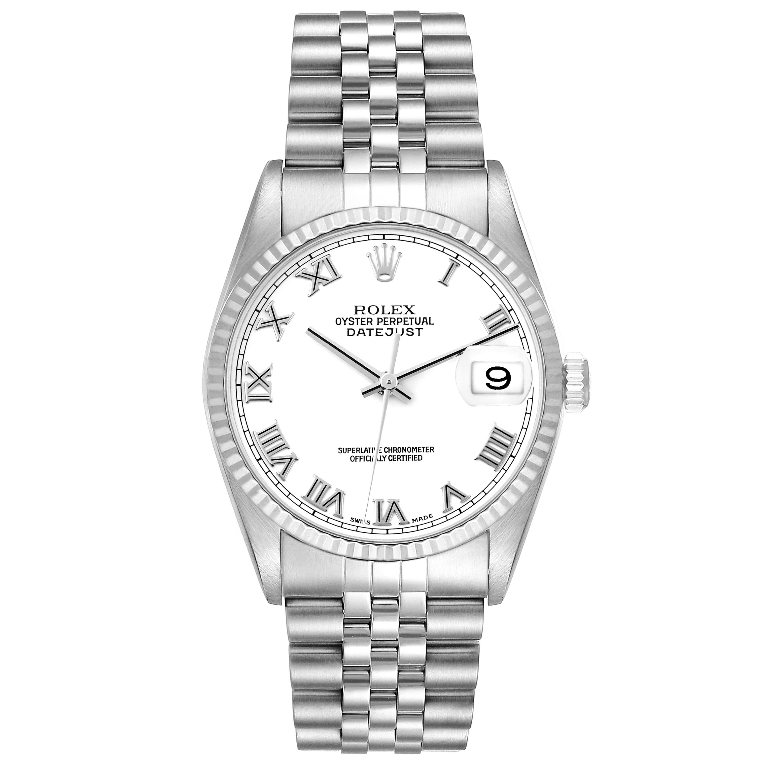 The Rolex Datejust 16234 Men's Stainless Steel White Dial 16234 Men's Stainless Steel White Dial watch is shown from a direct front angle, displaying its dial, bezel, and bracelet clearly.