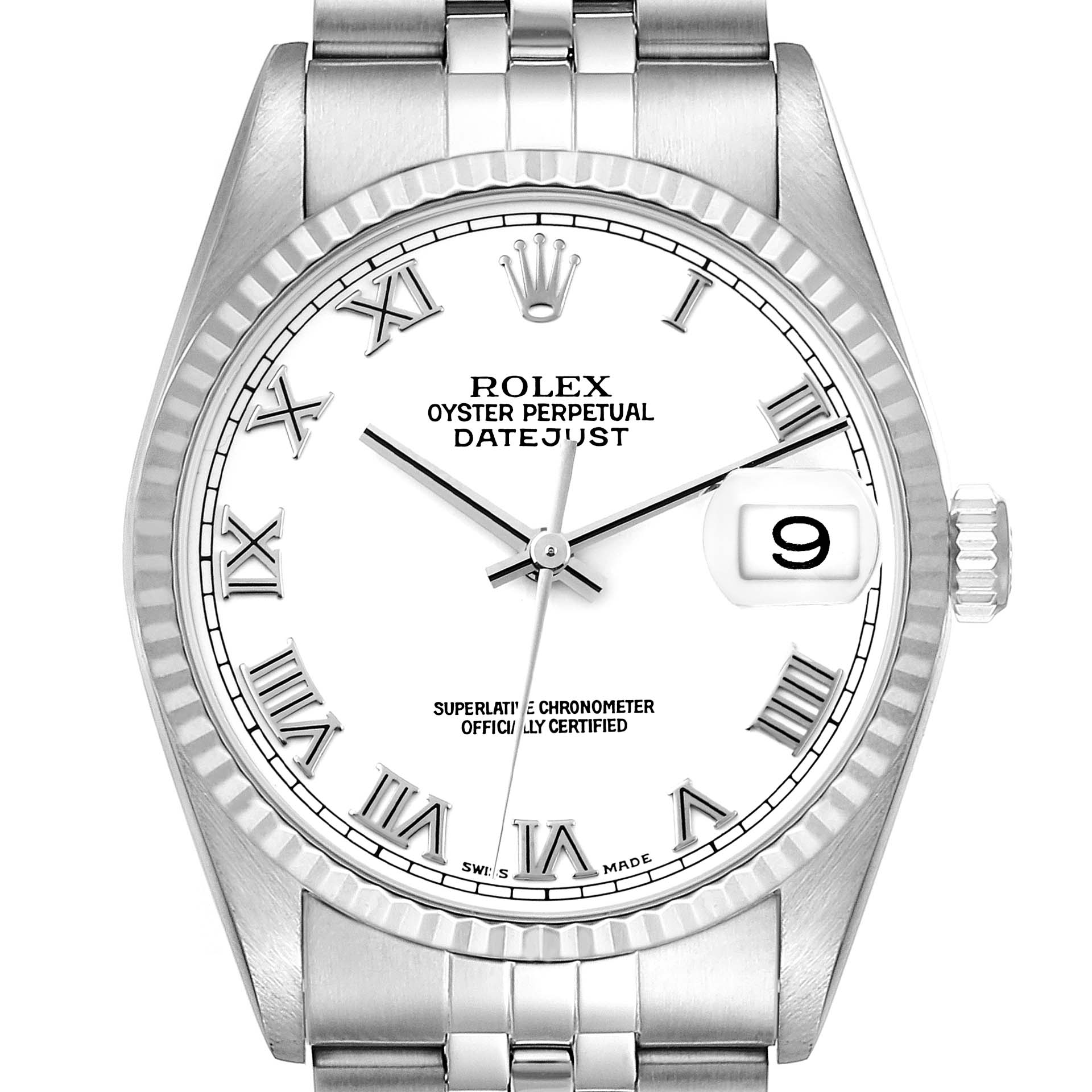 The image shows a front view of the Rolex Datejust 16234 Men's Stainless Steel White Dial 16234 Men's Stainless Steel White Dial, highlighting its dial, fluted bezel, and bracelet.