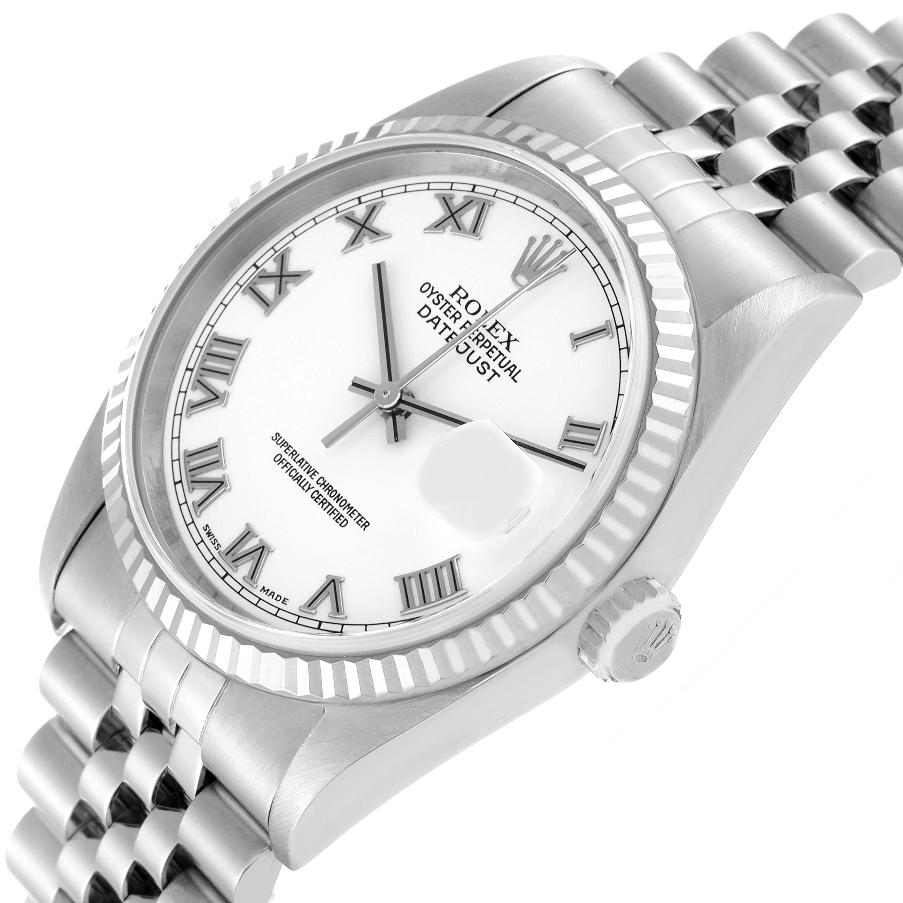 This image shows the dial, bezel, crown, and part of the bracelet of a Rolex Datejust 16234 Men's Stainless Steel White Dial 16234 Men's Stainless Steel White Dial watch from an angled perspective.
