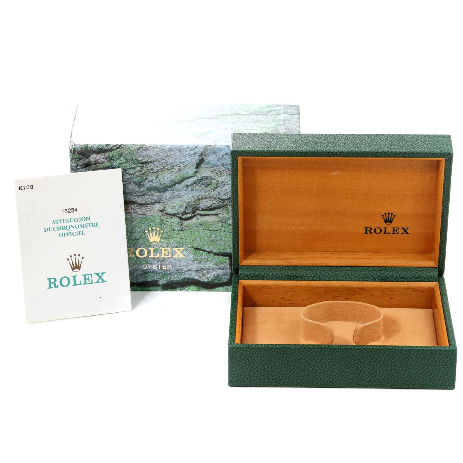 The image shows the packaging and warranty card for a Rolex Datejust 16234 Men's Stainless Steel White Dial 16234 Men's Stainless Steel White Dial, including a green watch box and an official booklet.