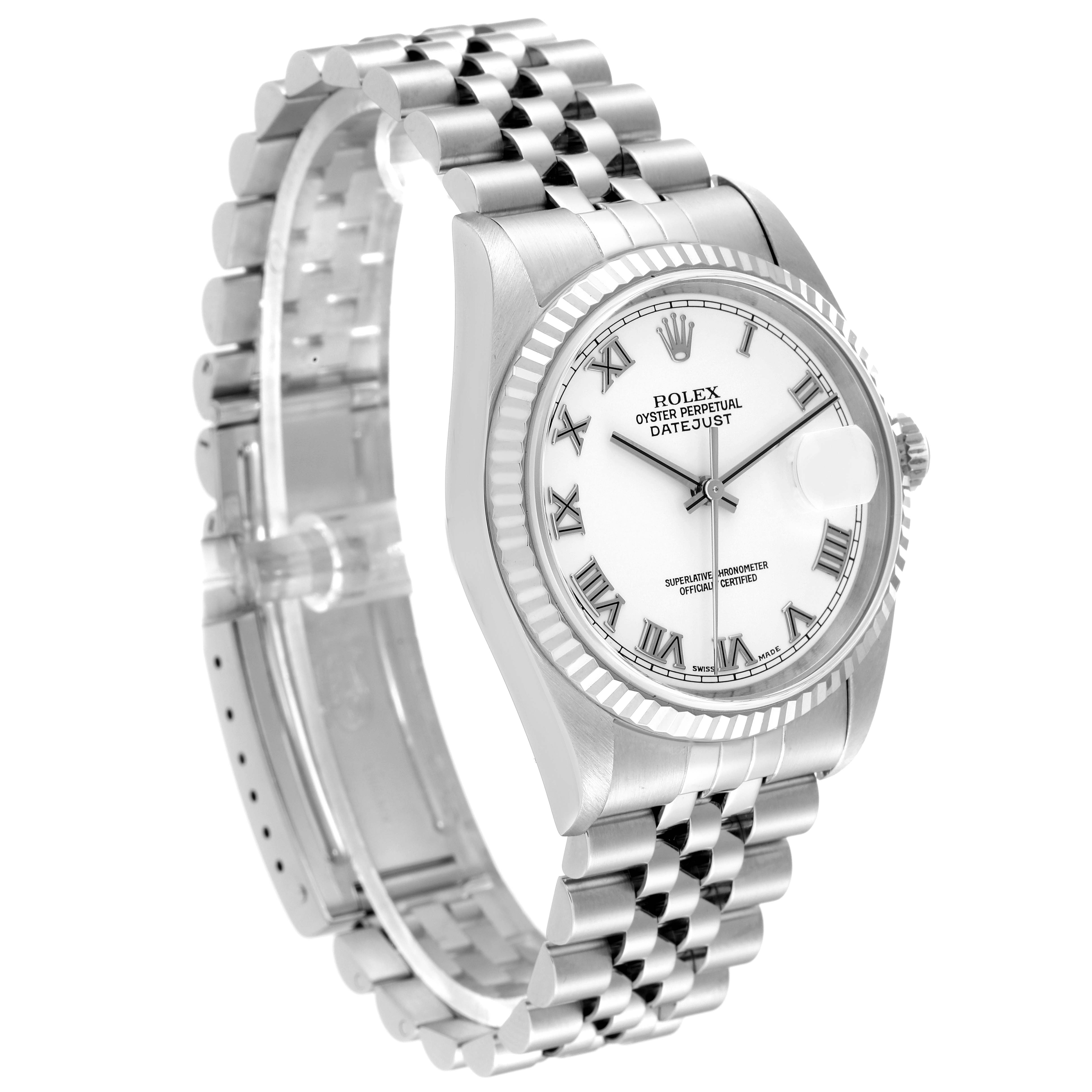 The image shows a Rolex Datejust 16234 Men's Stainless Steel White Dial 16234 Men's Stainless Steel White Dial watch from a slight side angle, displaying the face, bezel, and bracelet.