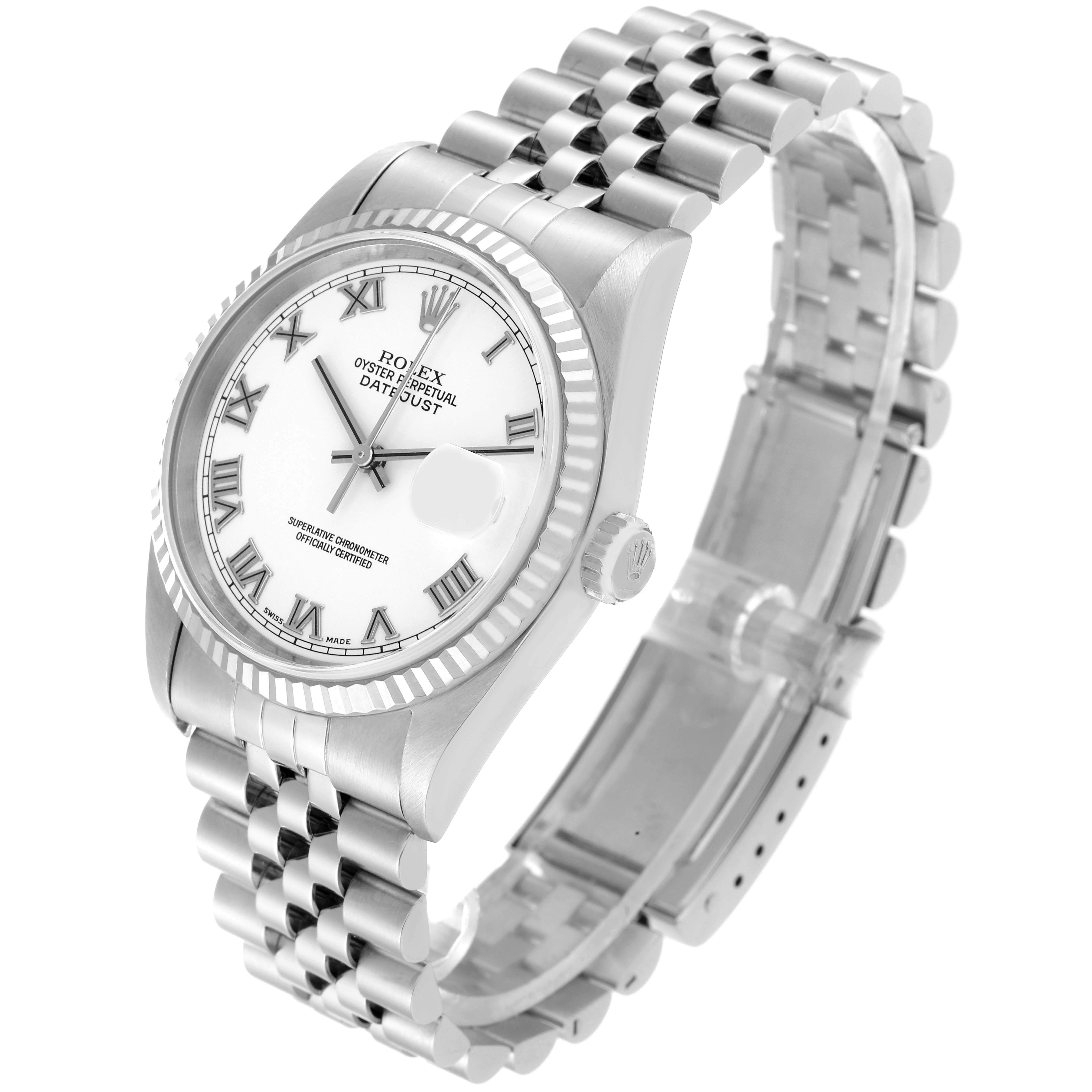 The image shows a Rolex Datejust 16234 Men's Stainless Steel White Dial 16234 Men's Stainless Steel White Dial watch at a three-quarter angle, highlighting the dial, bezel, crown, and bracelet.