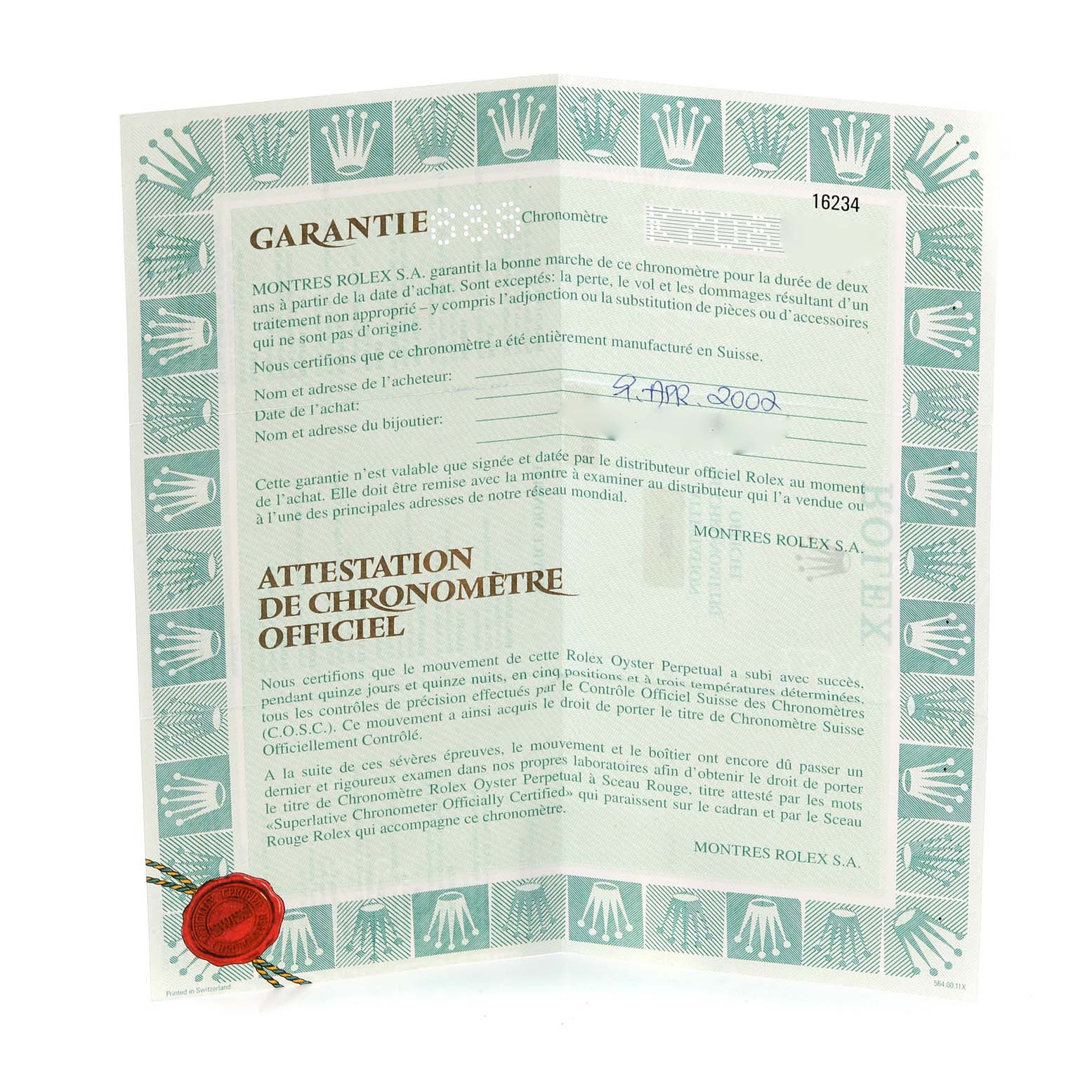 This image shows a warranty certificate for a Rolex Datejust 16234 Men's Stainless Steel White Dial 16234 Men's Stainless Steel White Dial model, dated April 9, 2000.