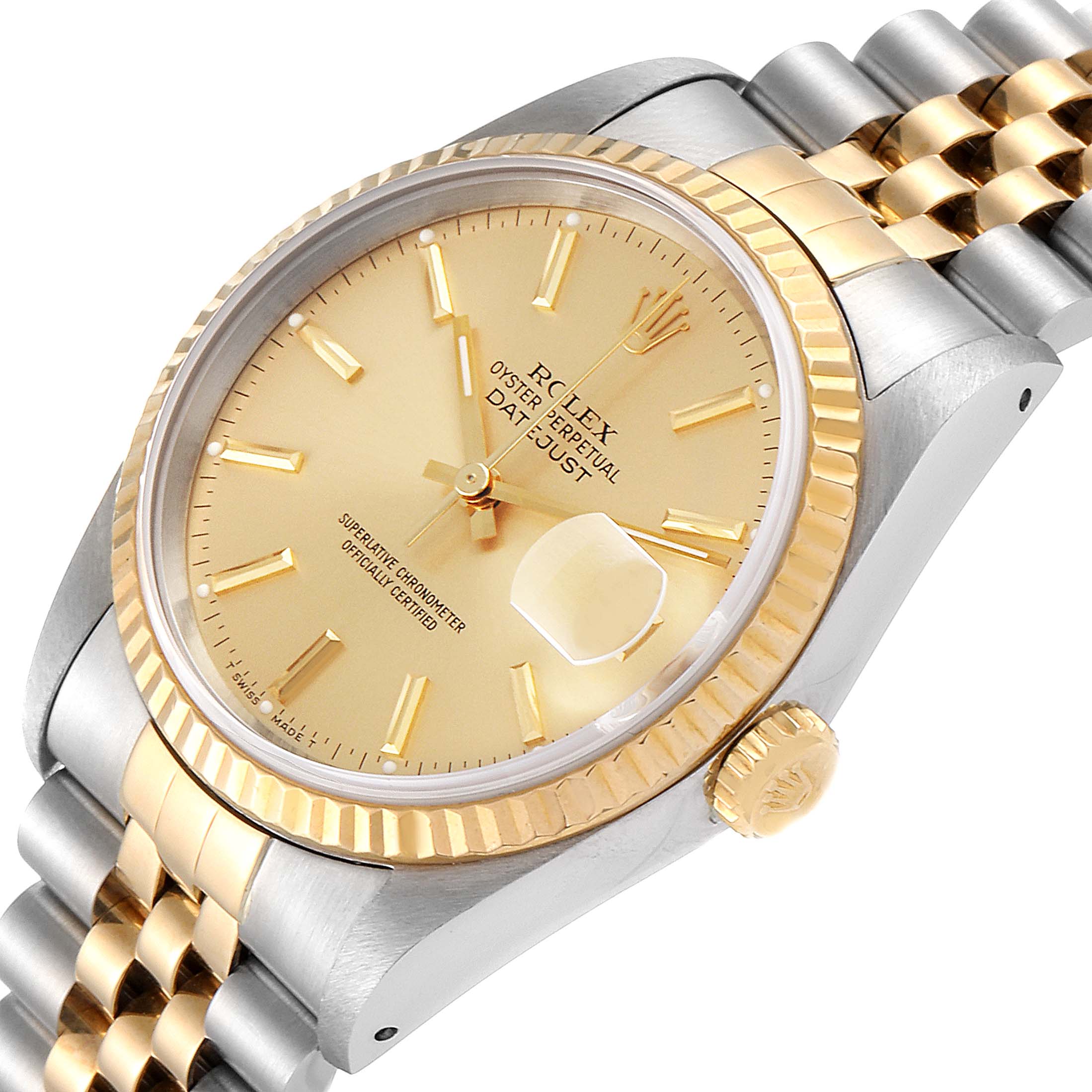 This image shows a close-up angled view of a Rolex Datejust 16233 Men's Steel and Gold (two tone) Champagne Dial 16233 Men's Steel and Gold (two tone) Champagne Dial watch, highlighting the gold bezel, dial, and two-tone bracelet.