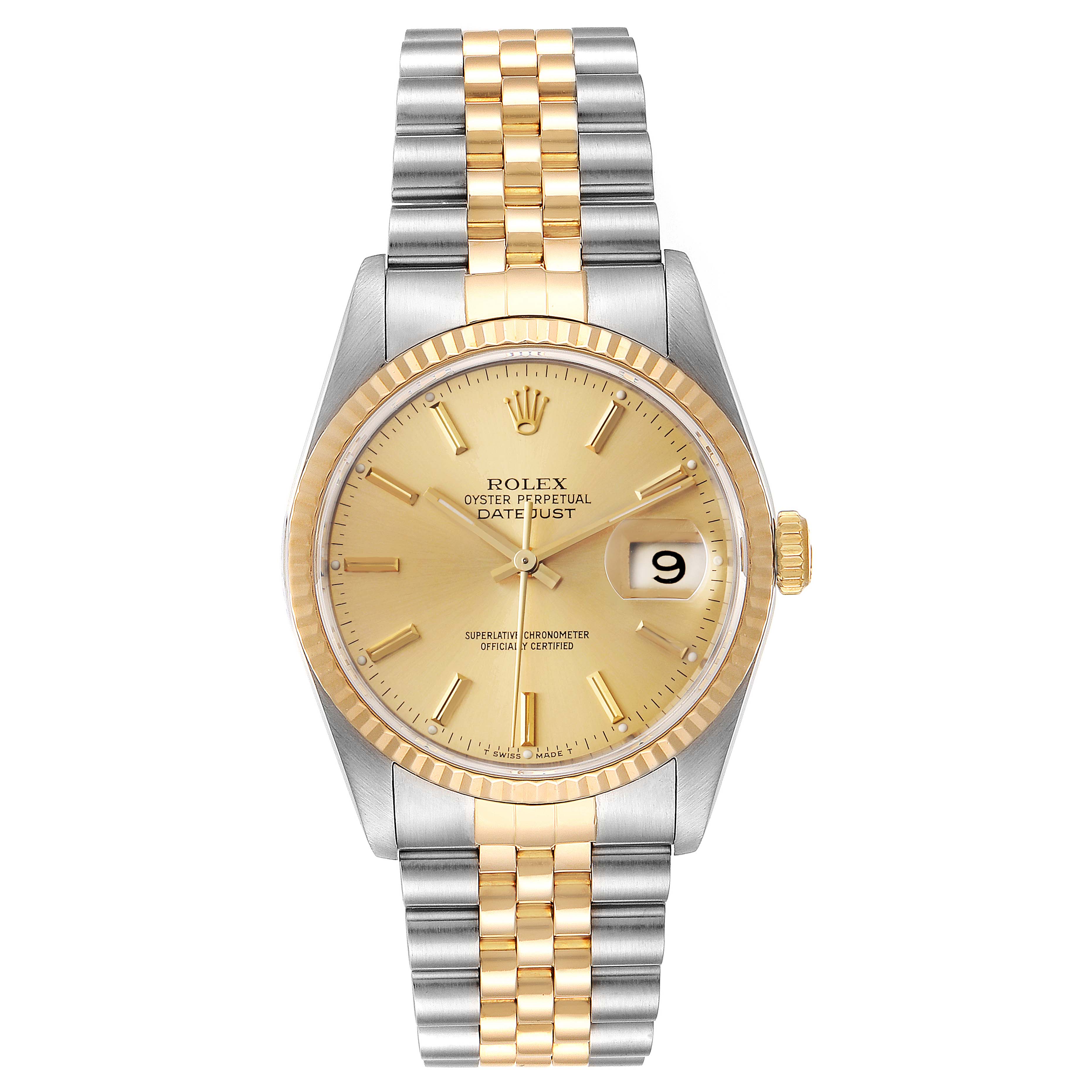 The image shows a front view of a Rolex Datejust 16233 Men's Steel and Gold (two tone) Champagne Dial 16233 Men's Steel and Gold (two tone) Champagne Dial watch featuring a gold dial, date display, and two-tone bracelet.