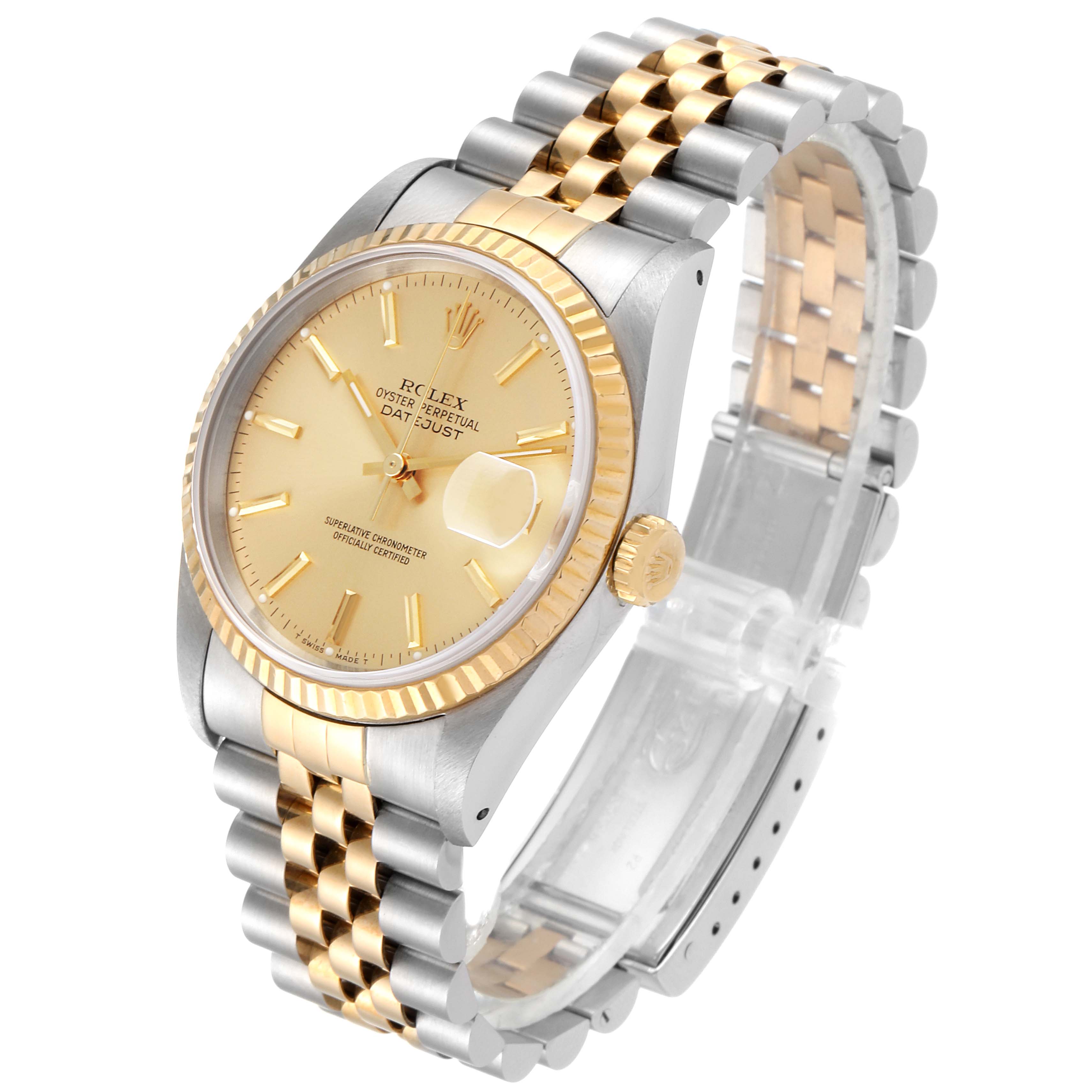 The Rolex Datejust 16233 Men's Steel and Gold (two tone) Champagne Dial 16233 Men's Steel and Gold (two tone) Champagne Dial watch is shown at an angled view displaying its gold dial, fluted bezel, and two-tone jubilee bracelet.