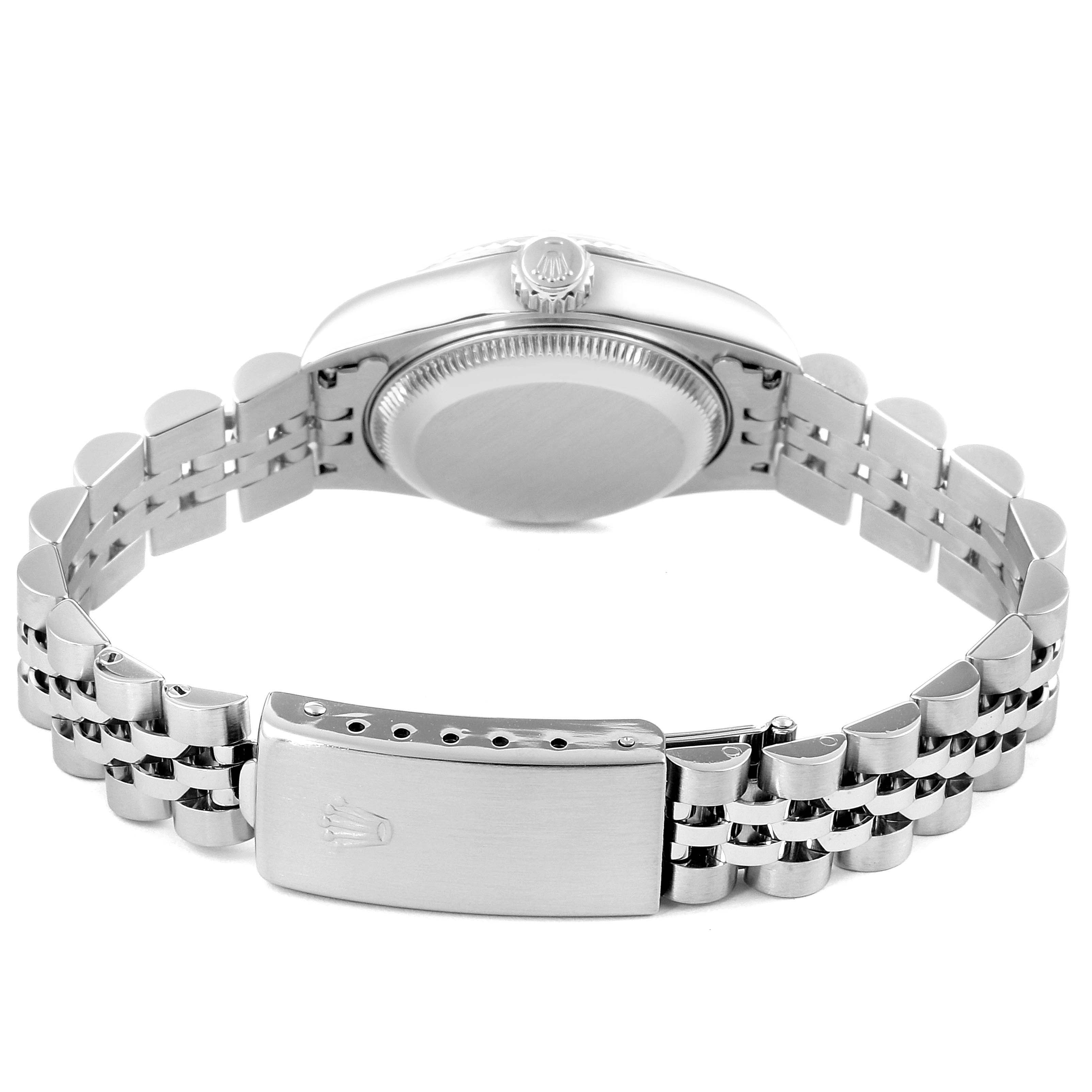 The image shows the back view of a Rolex Datejust 69174 Women's Stainless Steel Mother of Pearl Dial 69174 Women's Stainless Steel Mother of Pearl Dial watch, focusing on the case back, jubilee bracelet, and clasp.