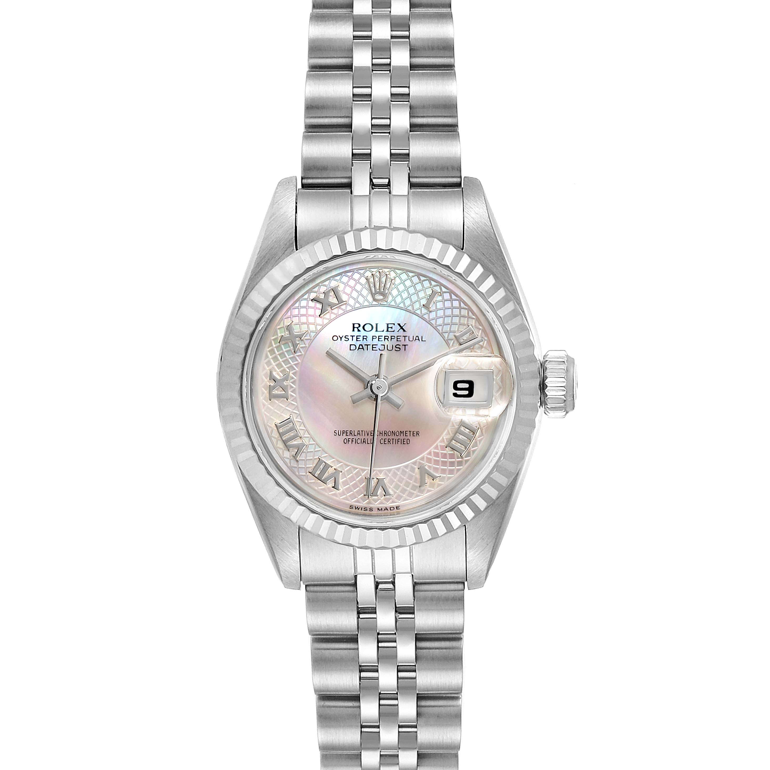 This image shows a frontal view of a Rolex Datejust 69174 Women's Stainless Steel Mother of Pearl Dial 69174 Women's Stainless Steel Mother of Pearl Dial watch, displaying its dial, bezel, crown, and bracelet.