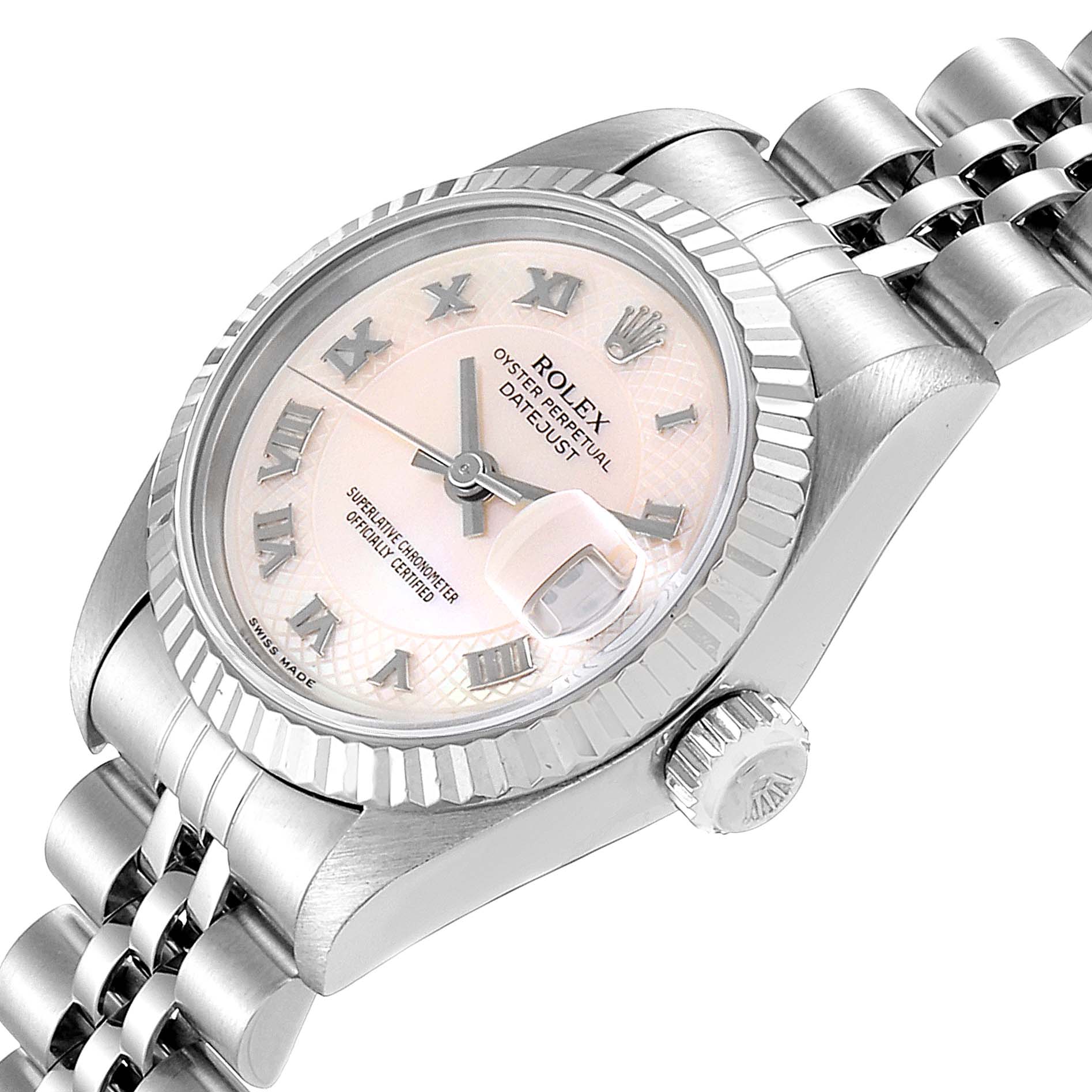 This image shows a Rolex Datejust 69174 Women's Stainless Steel Mother of Pearl Dial 69174 Women's Stainless Steel Mother of Pearl Dial watch from an angled view, highlighting the face, bezel, bracelet, and crown.