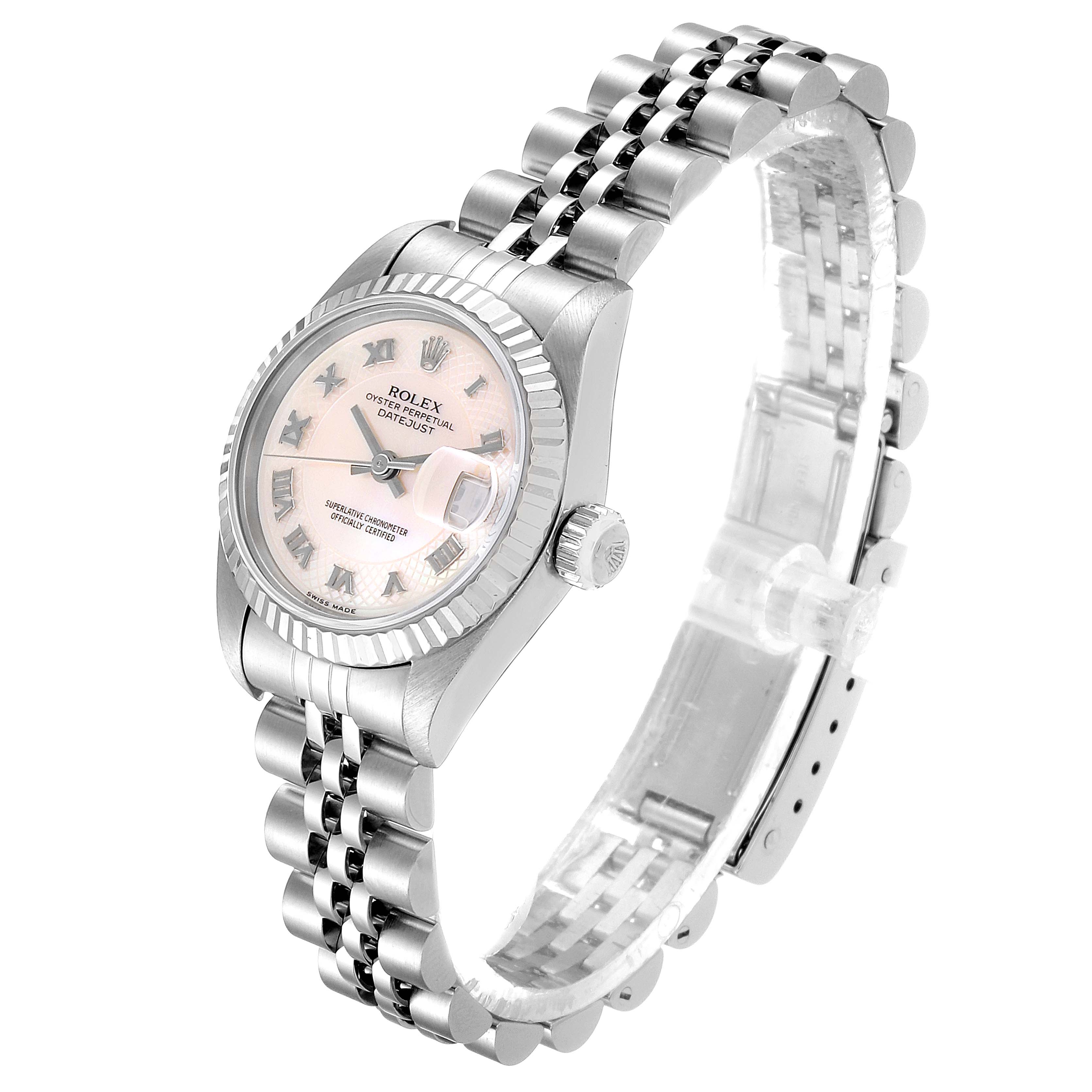 The Rolex Datejust 69174 Women's Stainless Steel Mother of Pearl Dial 69174 Women's Stainless Steel Mother of Pearl Dial watch is shown at a right angle, highlighting its dial, bezel, crown, and jubilee bracelet.