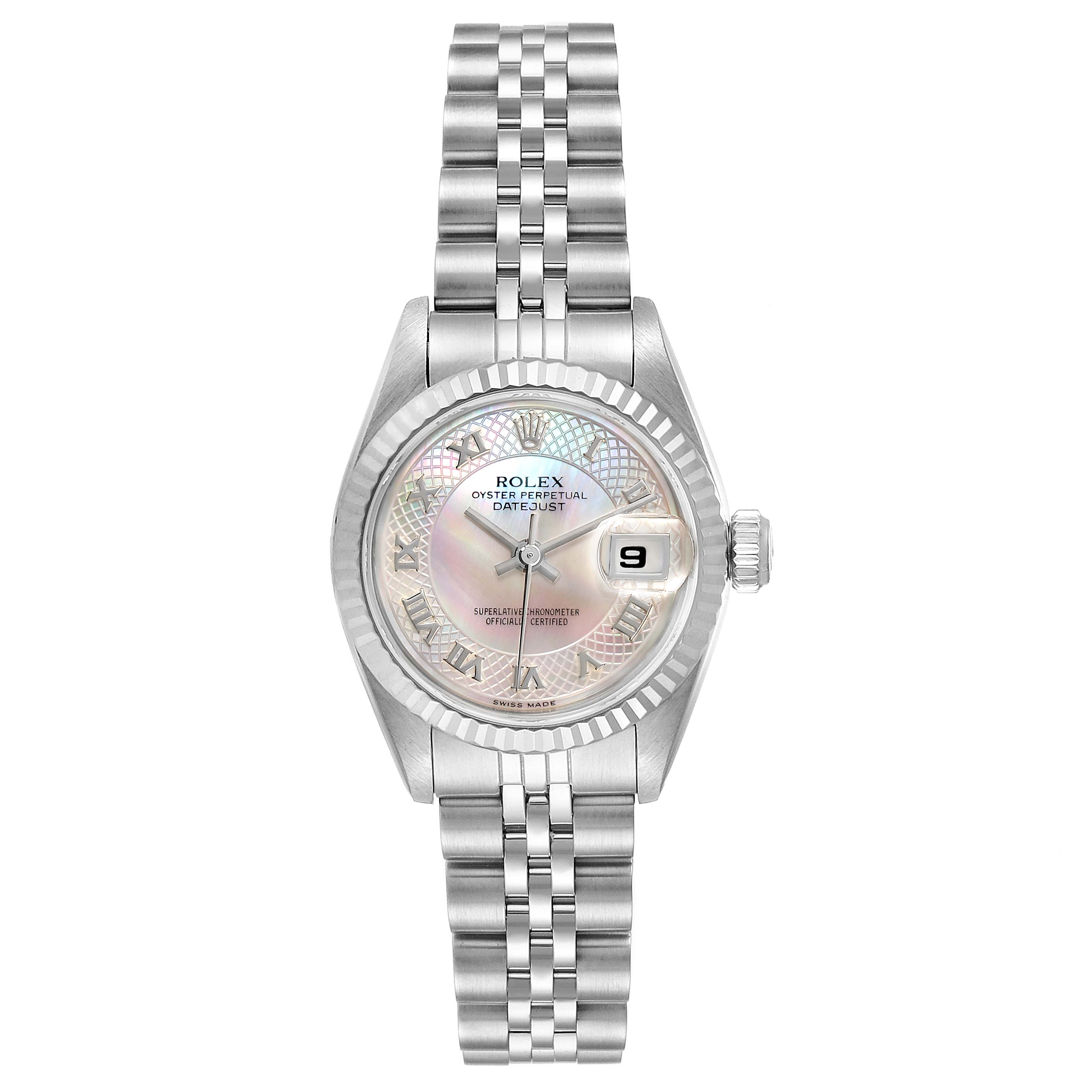 The image shows a Rolex Datejust 69174 Women's Stainless Steel Mother of Pearl Dial 69174 Women's Stainless Steel Mother of Pearl Dial watch from a top-down angle, highlighting the dial, bezel, bracelet, and date window.