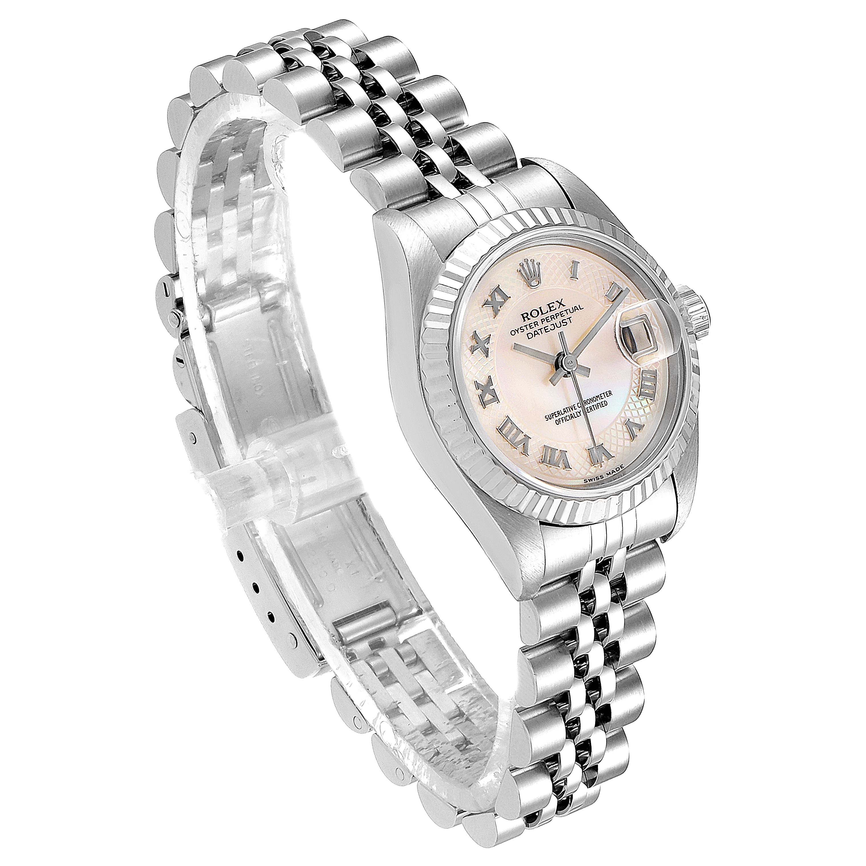 This image shows a Rolex Datejust 69174 Women's Stainless Steel Mother of Pearl Dial 69174 Women's Stainless Steel Mother of Pearl Dial watch at a three-quarter angle, highlighting its face, bezel, and bracelet.
