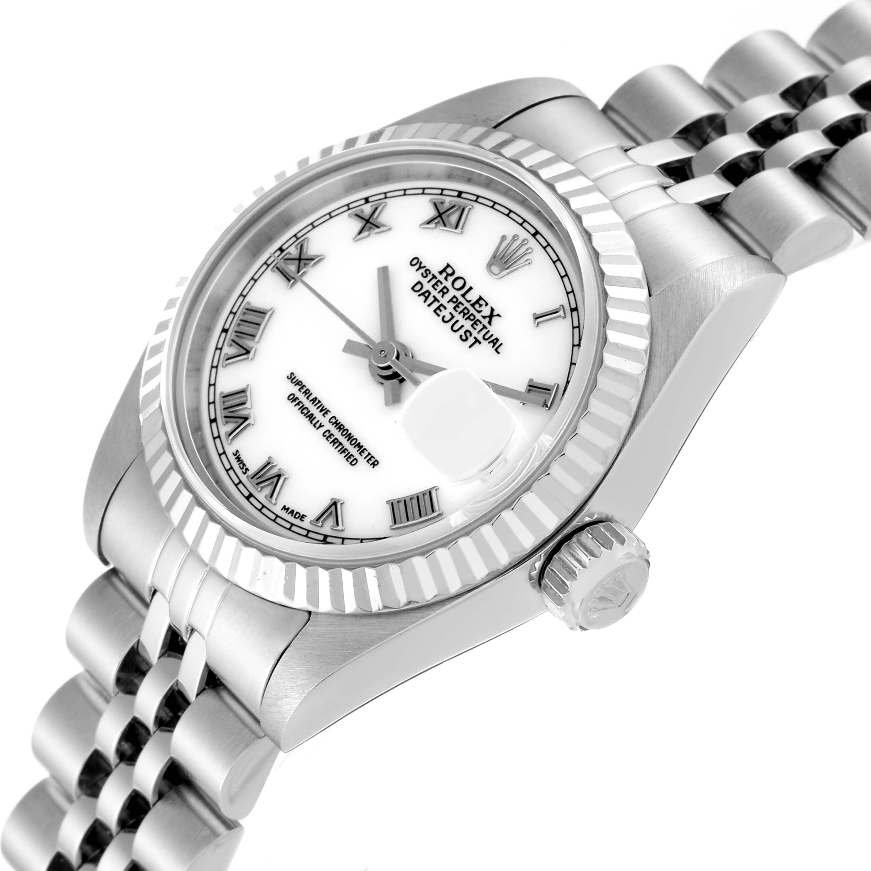 The Rolex Datejust 69174 Women's Stainless Steel White Dial 69174 Women's Stainless Steel White Dial watch is shown at an angle highlighting the white dial, fluted bezel, crown, and Jubilee bracelet.