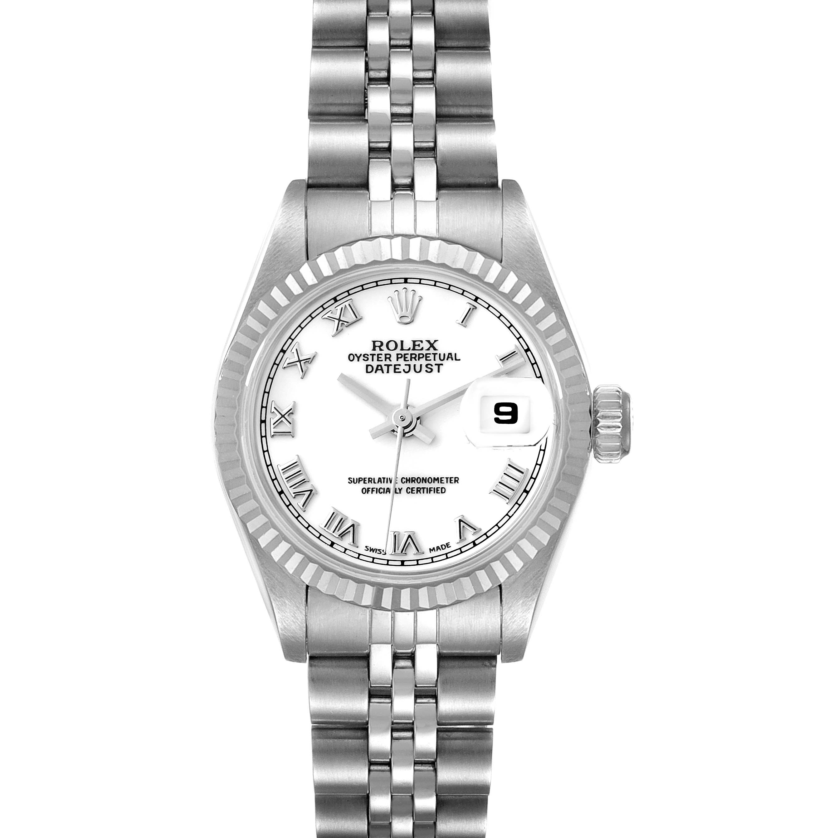 This image shows a frontal view of the Rolex Datejust 69174 Women's Stainless Steel White Dial 69174 Women's Stainless Steel White Dial watch, displaying the face, bezel, and bracelet.