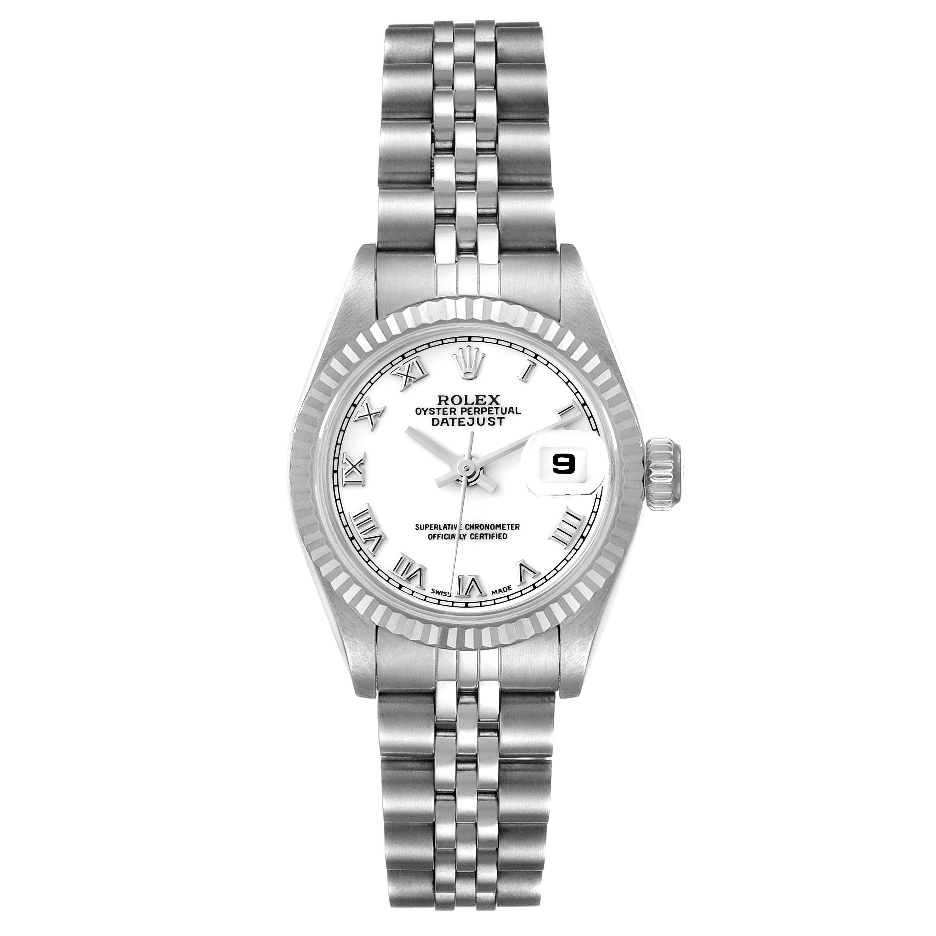 This image shows a front view of the Rolex Datejust 69174 Women's Stainless Steel White Dial 69174 Women's Stainless Steel White Dial watch displaying the dial, bracelet, bezel, and date window.